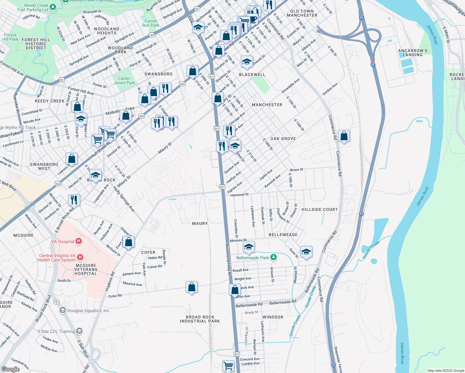 map of restaurants, bars, coffee shops, grocery stores, and more near 2413 Ingram Avenue in Richmond