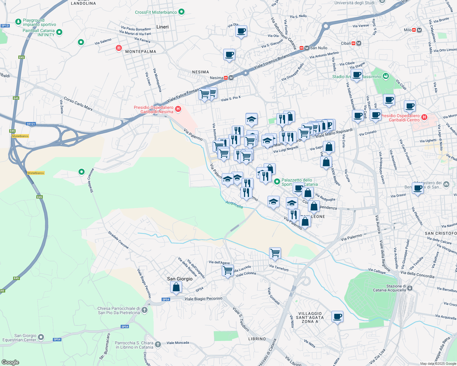 map of restaurants, bars, coffee shops, grocery stores, and more near 655 Via Palermo in Catania