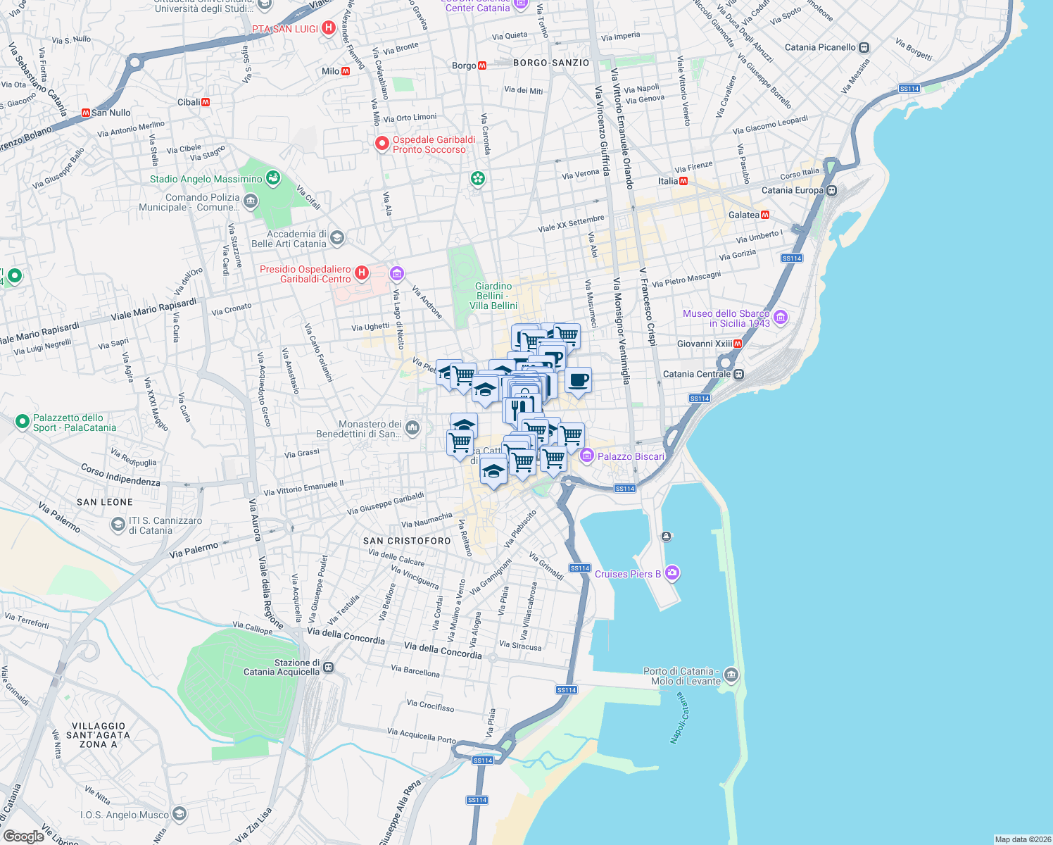 map of restaurants, bars, coffee shops, grocery stores, and more near 2 Via Cestai in Catania
