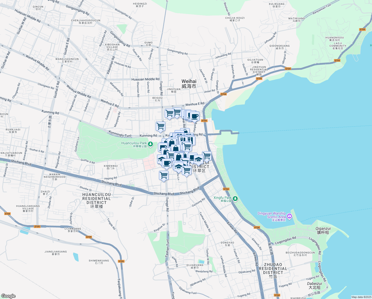 map of restaurants, bars, coffee shops, grocery stores, and more near 54号 Xinwei Road in Weihai