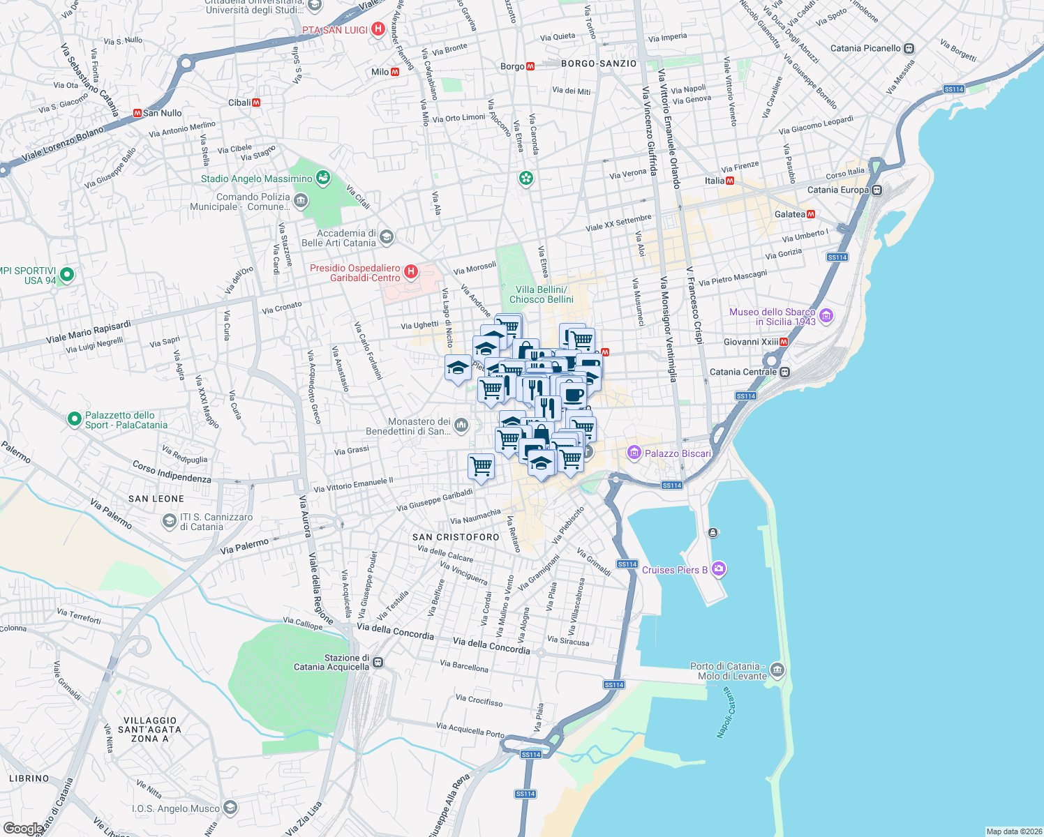 map of restaurants, bars, coffee shops, grocery stores, and more near 8 Via Gesuiti in Catania