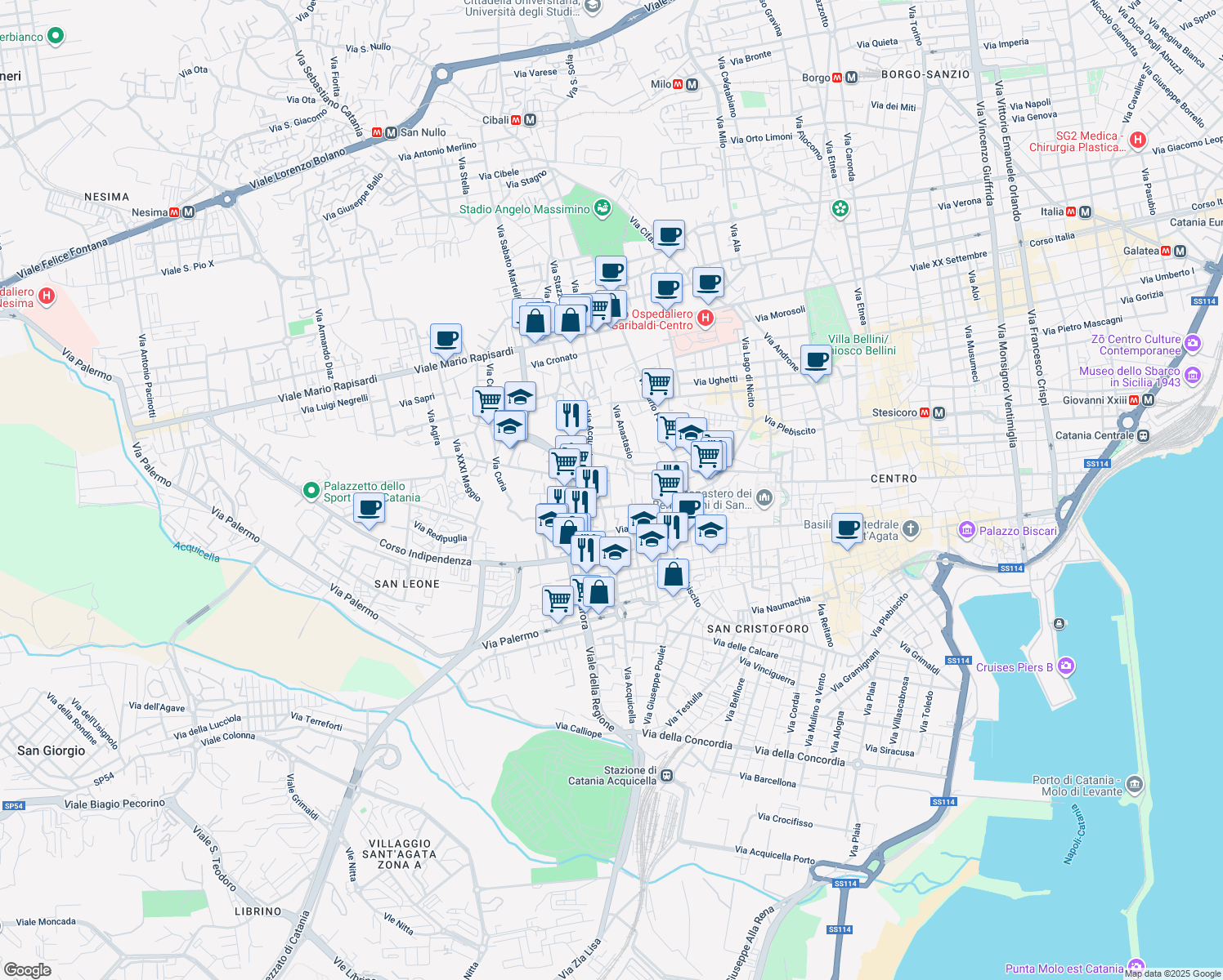 map of restaurants, bars, coffee shops, grocery stores, and more near 14 Via Privata Frà Liberato in Catania