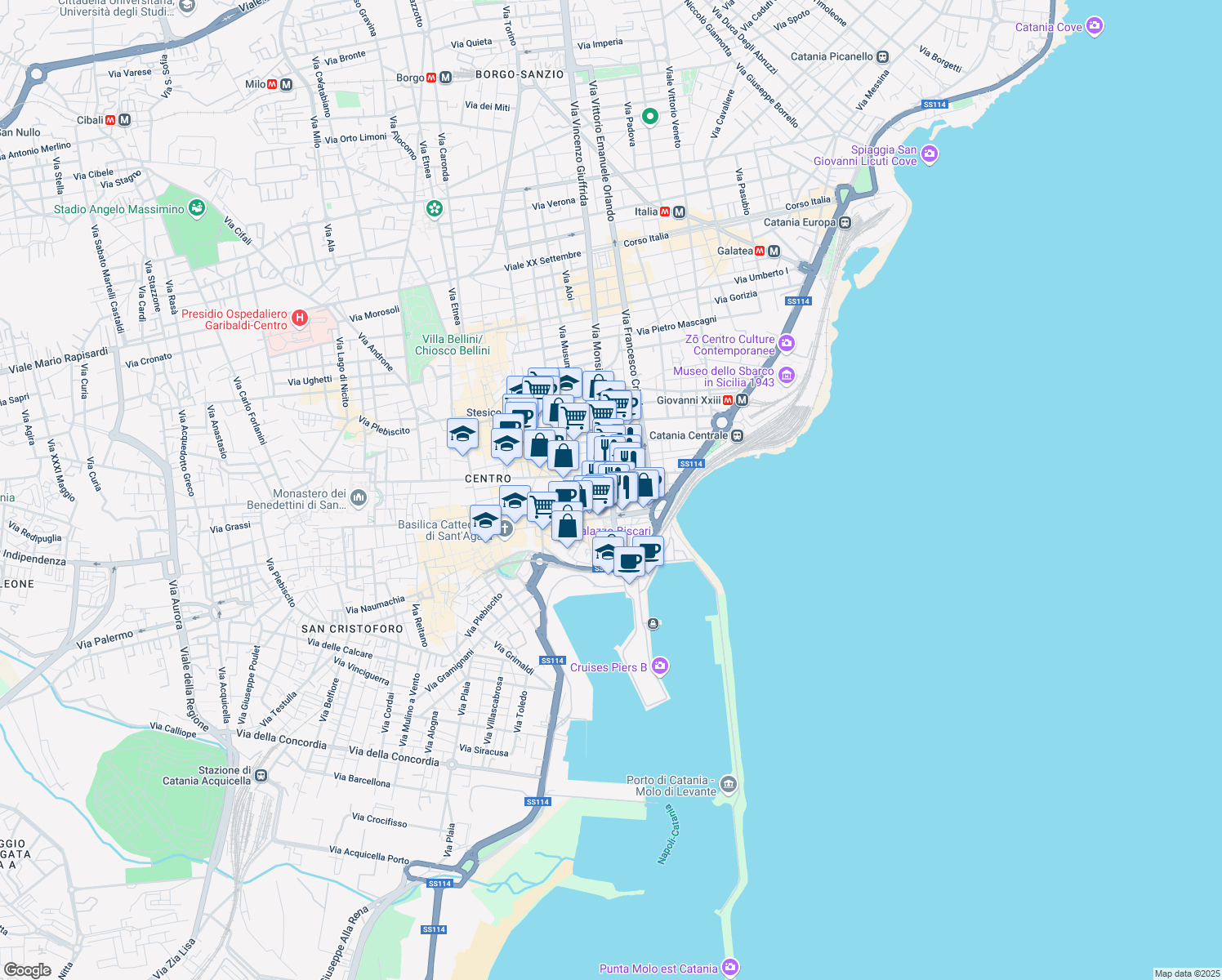 map of restaurants, bars, coffee shops, grocery stores, and more near 21 Via Monsignore Ventimiglia in Catania