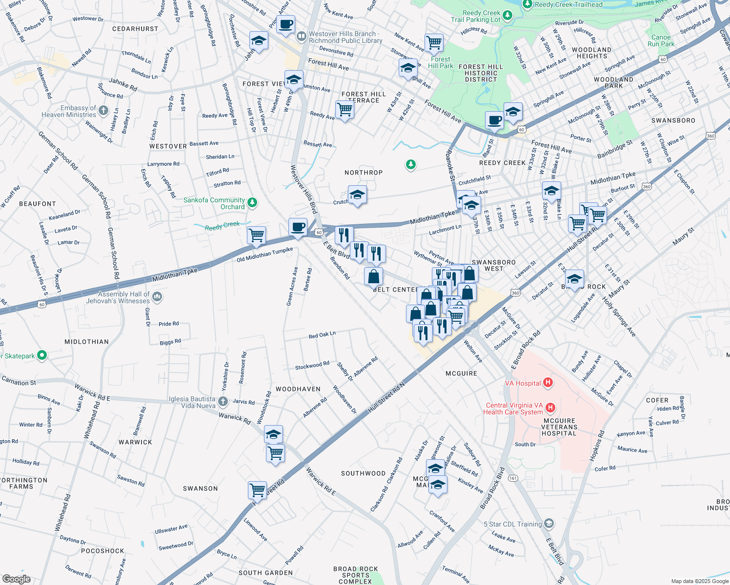 map of restaurants, bars, coffee shops, grocery stores, and more near 223 Brandon Road in Richmond