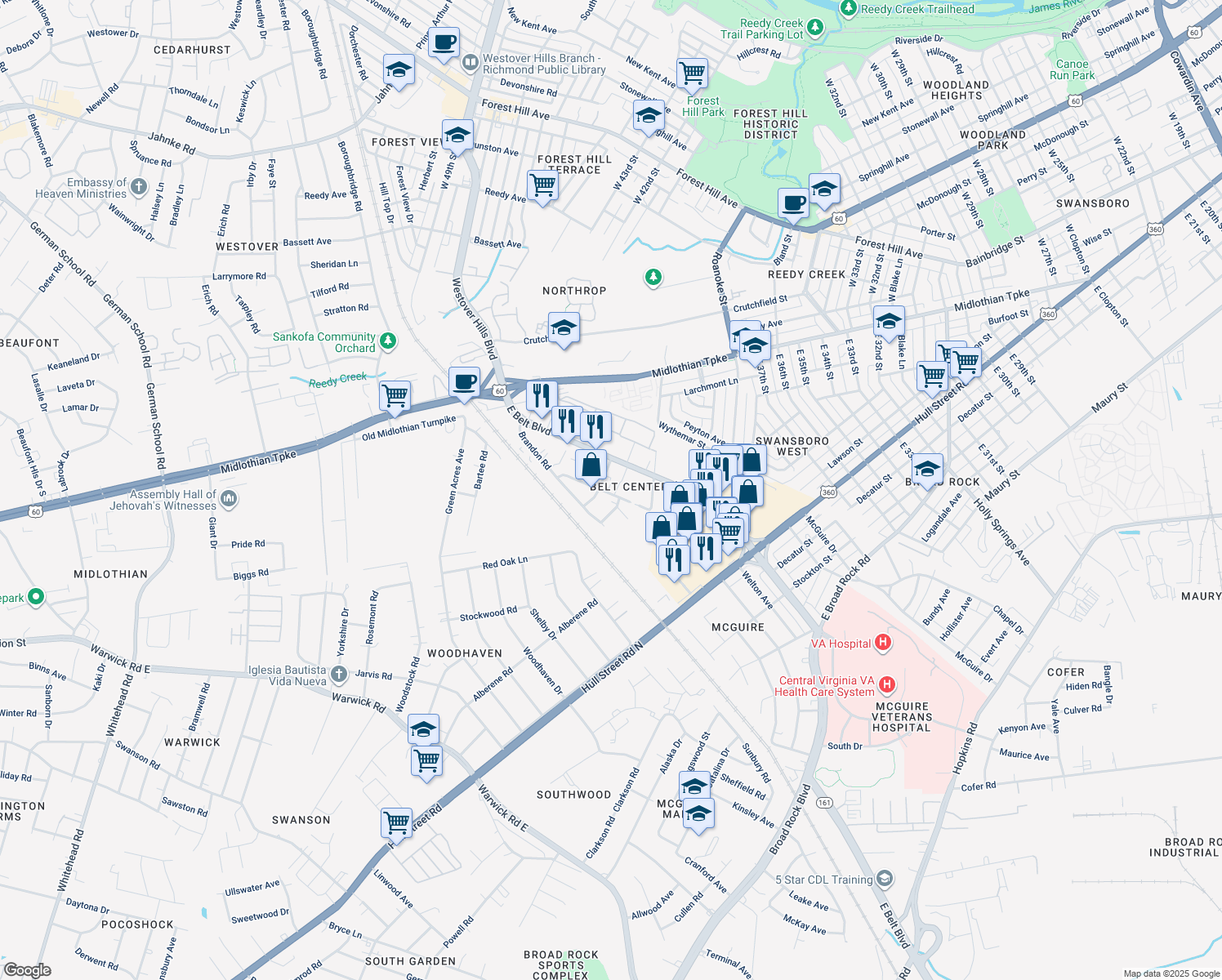 map of restaurants, bars, coffee shops, grocery stores, and more near 309 Plazaview Road in Richmond