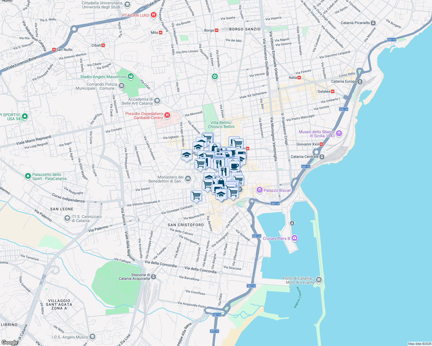 map of restaurants, bars, coffee shops, grocery stores, and more near 8 Via Gesuiti in Catania