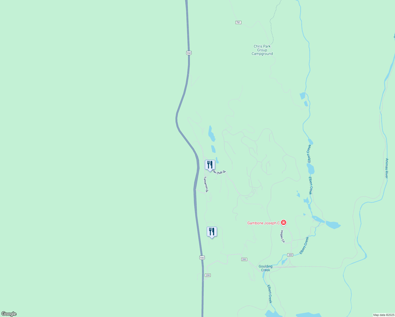 map of restaurants, bars, coffee shops, grocery stores, and more near Highway 550 in Durango
