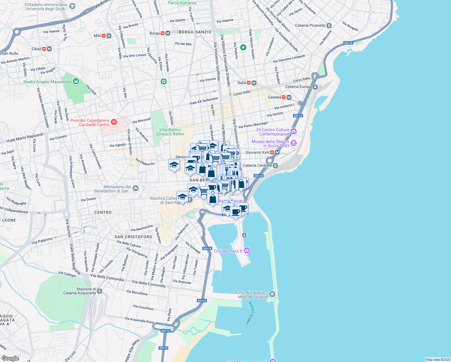 map of restaurants, bars, coffee shops, grocery stores, and more near 21 Via Monsignore Ventimiglia in Catania