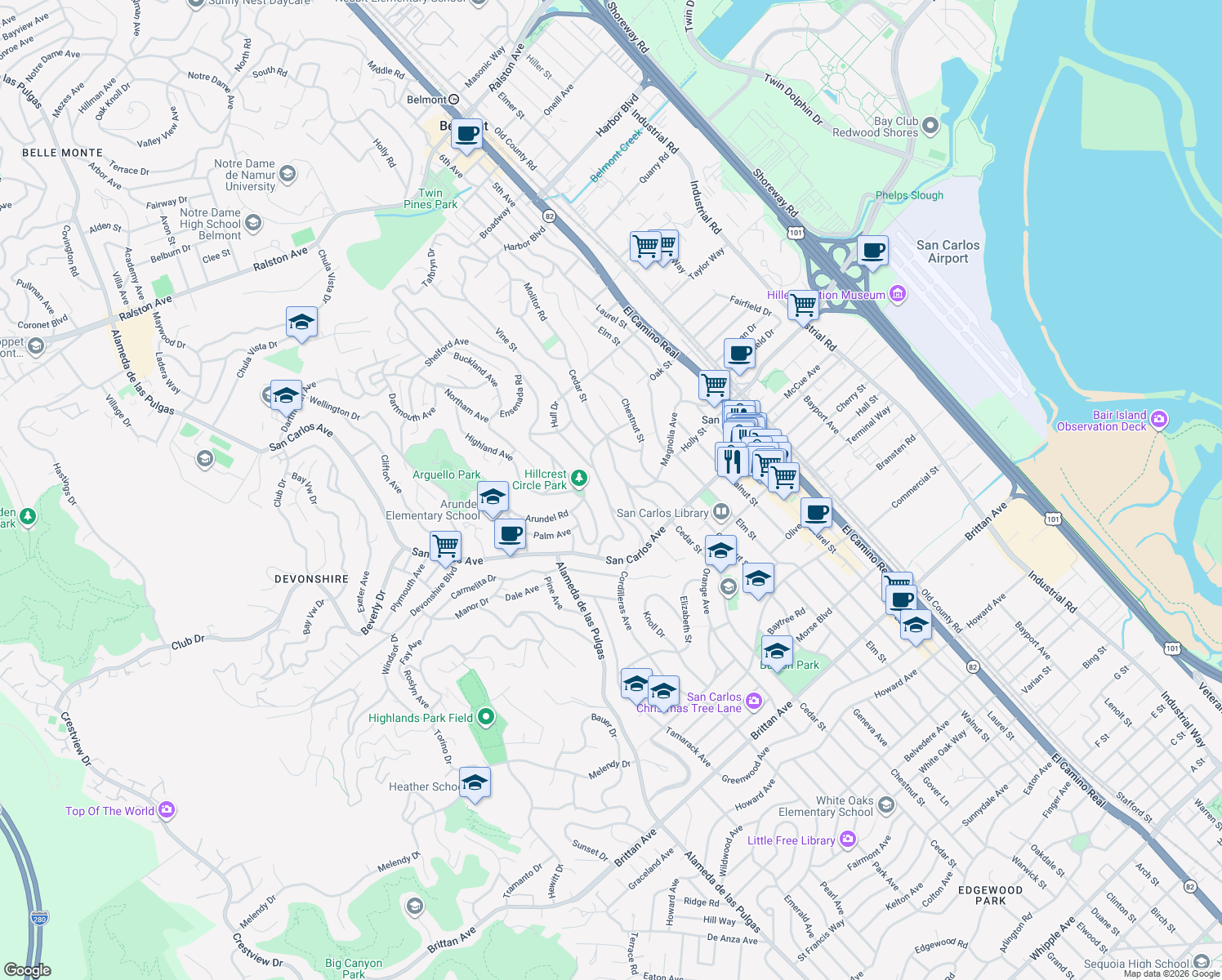 map of restaurants, bars, coffee shops, grocery stores, and more near 409 Sycamore Street in San Carlos