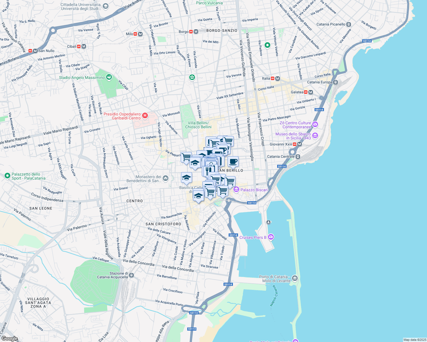 map of restaurants, bars, coffee shops, grocery stores, and more near 2 Via Cestai in Catania