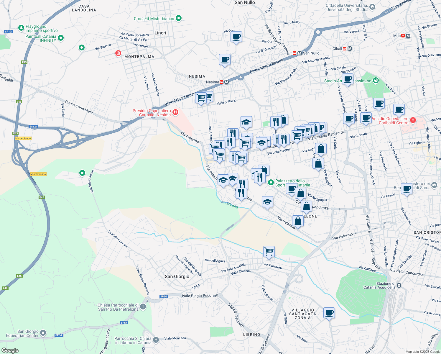 map of restaurants, bars, coffee shops, grocery stores, and more near 655 Via Palermo in Catania
