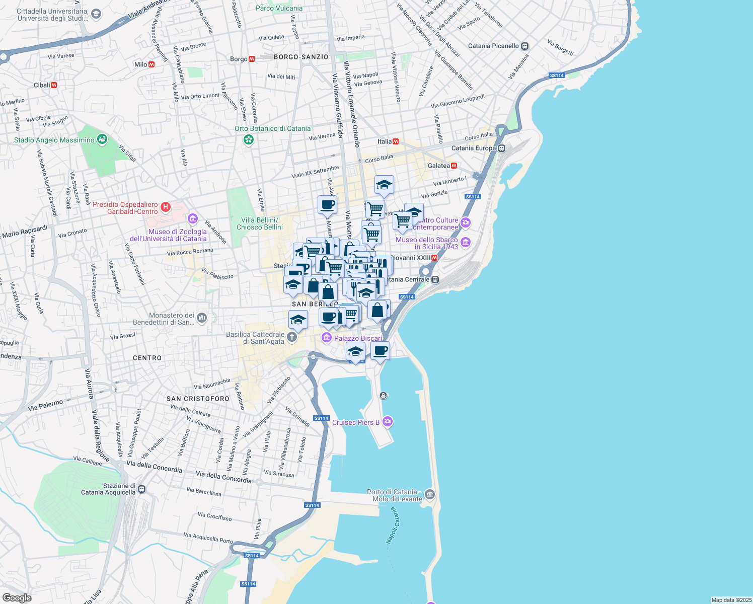 map of restaurants, bars, coffee shops, grocery stores, and more near 6 Piazza Gandolfo Antonino in Catania