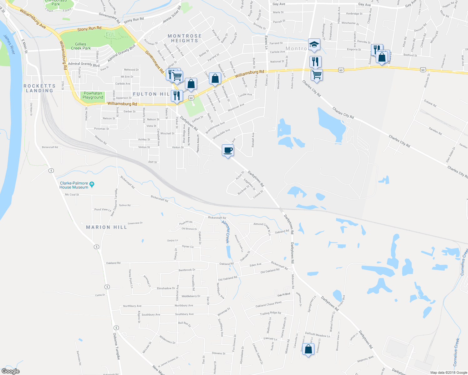map of restaurants, bars, coffee shops, grocery stores, and more near 5804 Amherst Street in Richmond