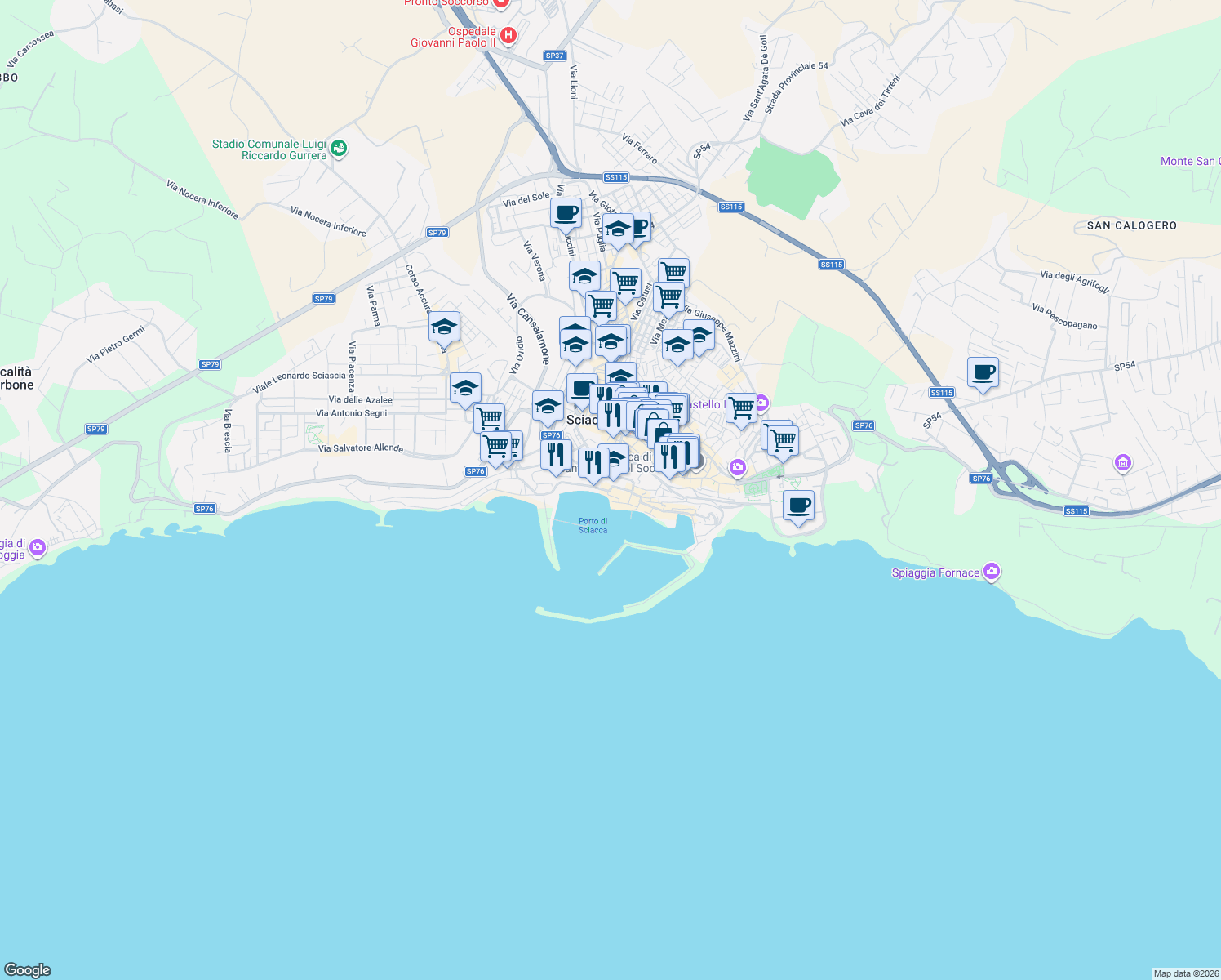 map of restaurants, bars, coffee shops, grocery stores, and more near Vicolo Spiaggia in Sciacca