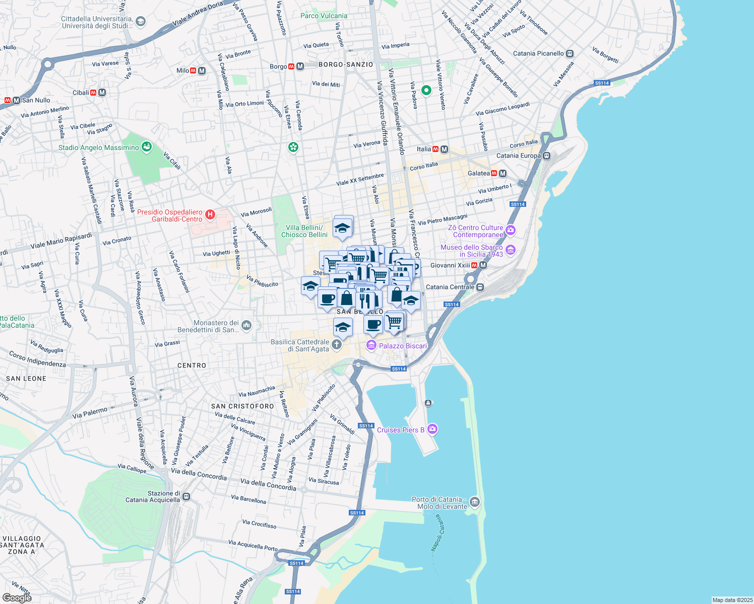 map of restaurants, bars, coffee shops, grocery stores, and more near 62 Via Pistone in Catania