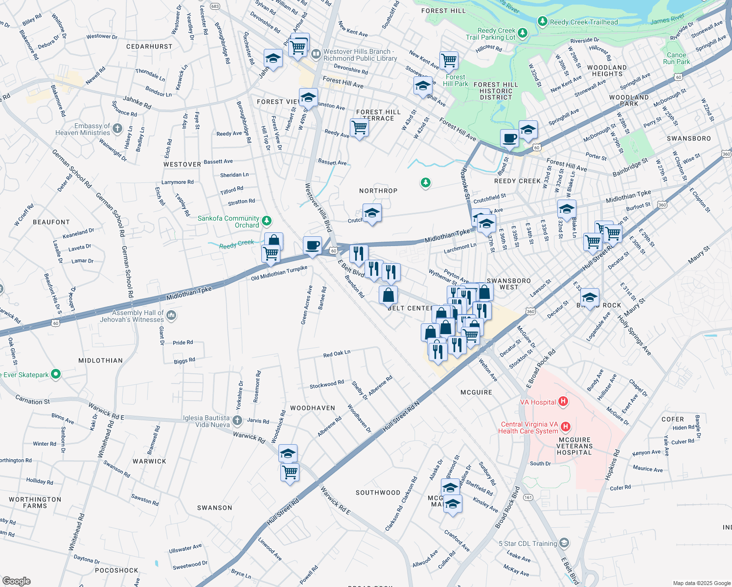 map of restaurants, bars, coffee shops, grocery stores, and more near 157 Brandon Road in Richmond