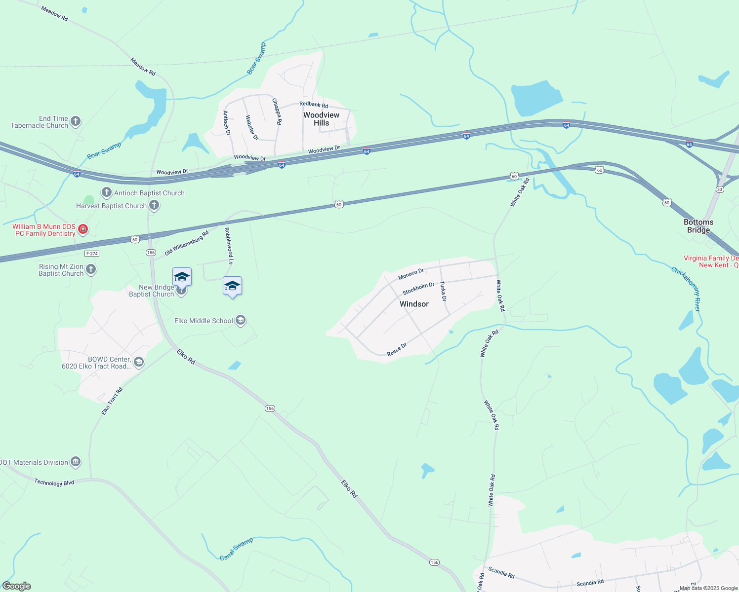 map of restaurants, bars, coffee shops, grocery stores, and more near 4612 Monaco Drive in Sandston