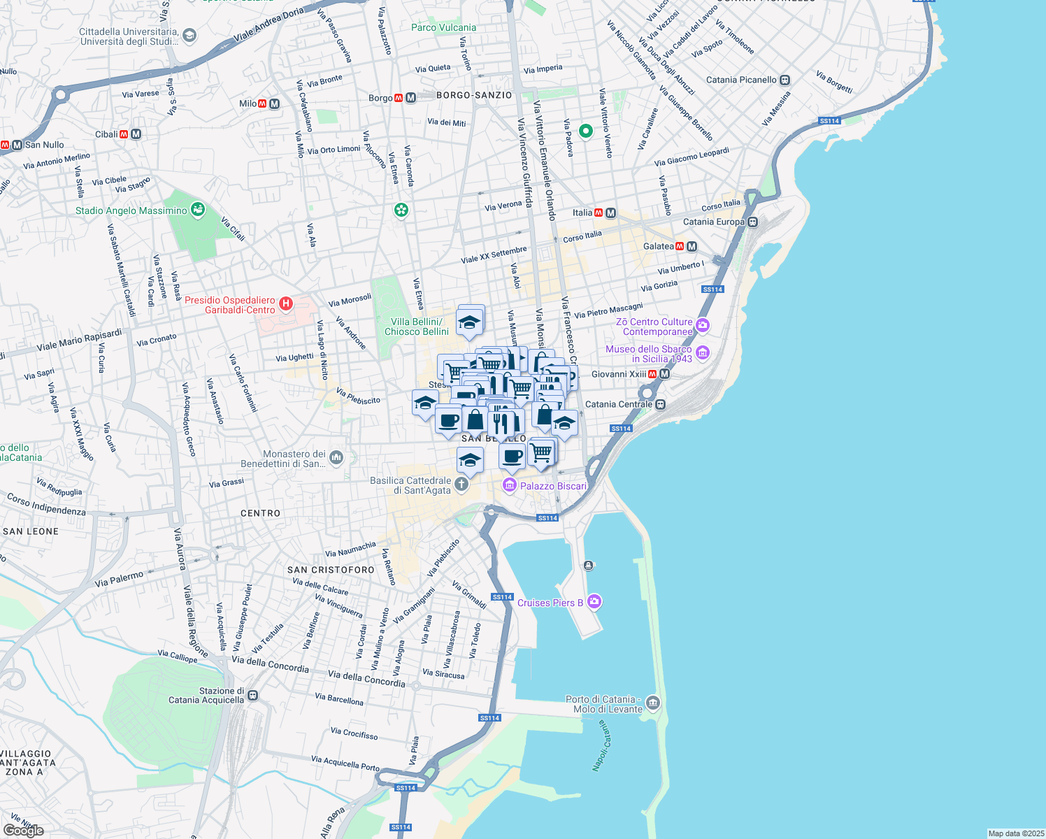 map of restaurants, bars, coffee shops, grocery stores, and more near 62 Via Pistone in Catania
