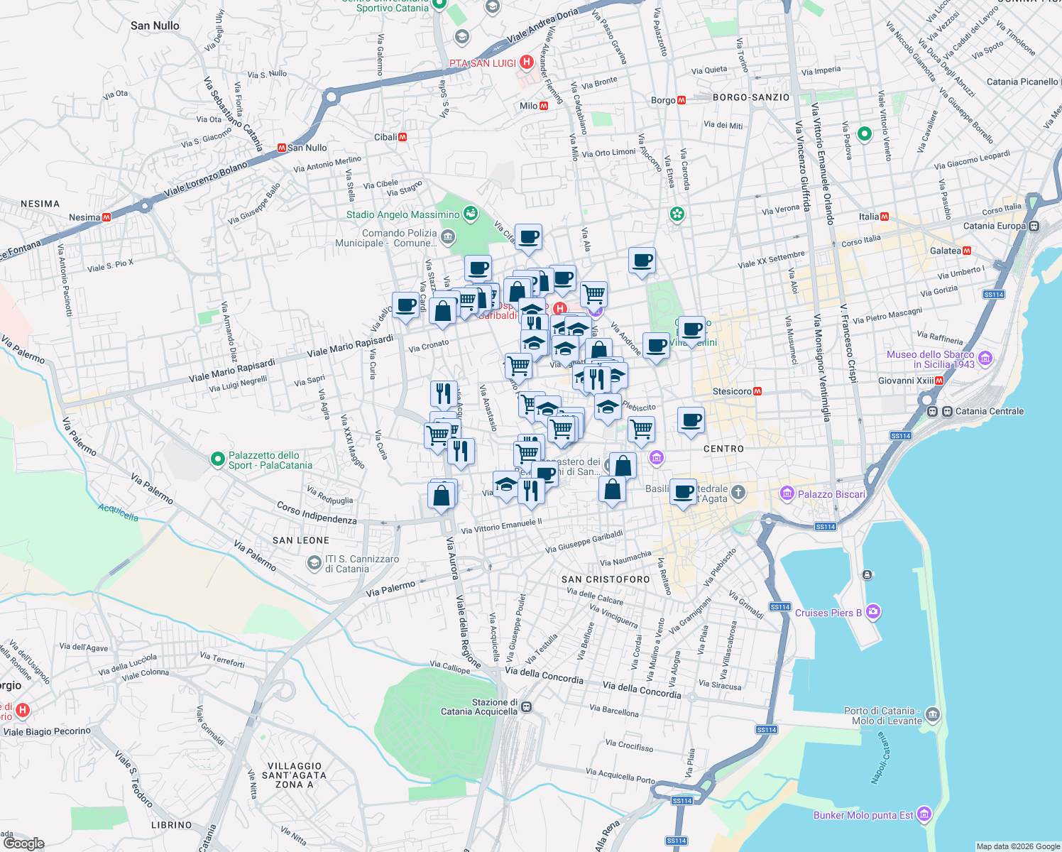 map of restaurants, bars, coffee shops, grocery stores, and more near 71 Via Carlo Forlanini in Catania