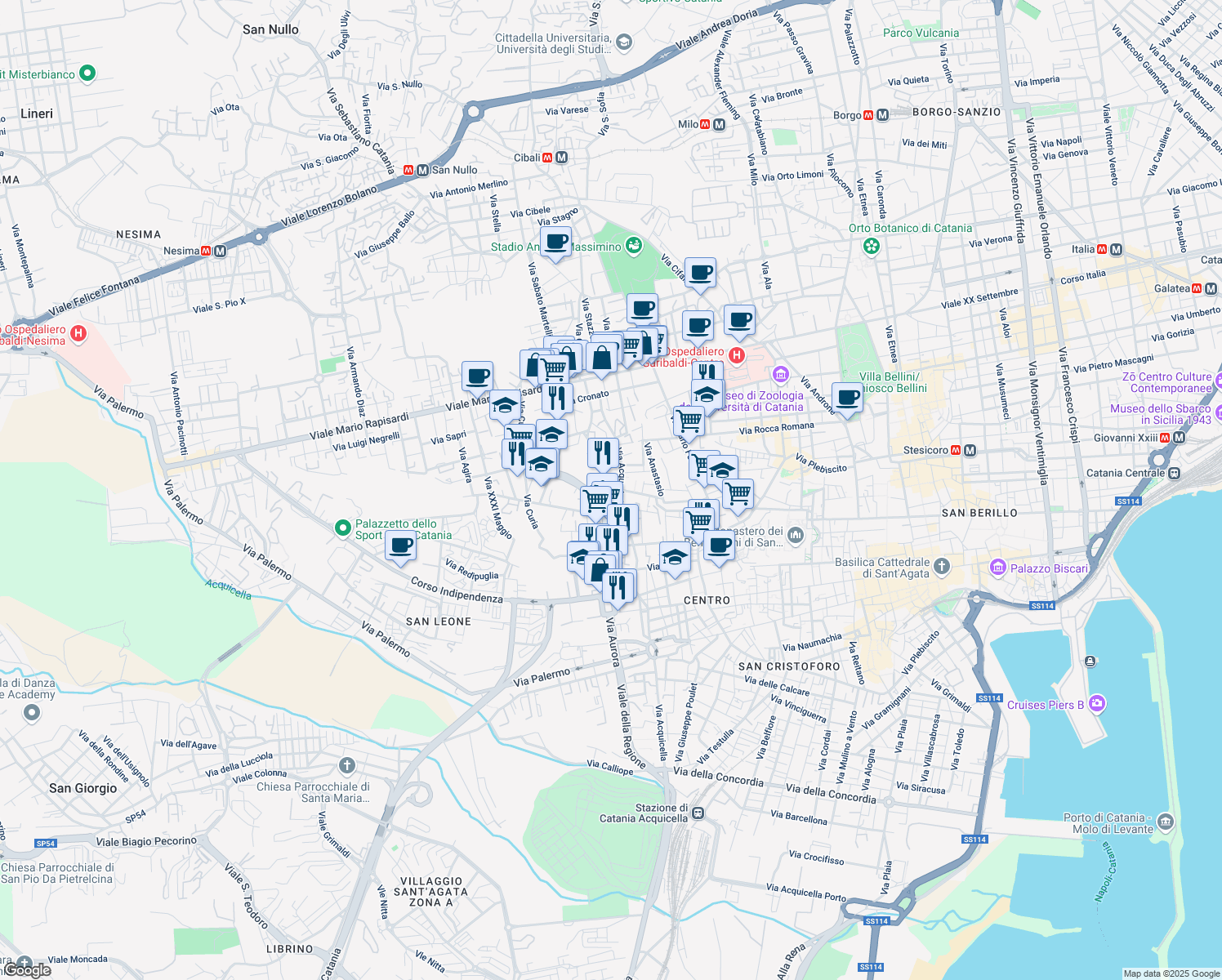 map of restaurants, bars, coffee shops, grocery stores, and more near Piazza Vittime del Dovere in Catania