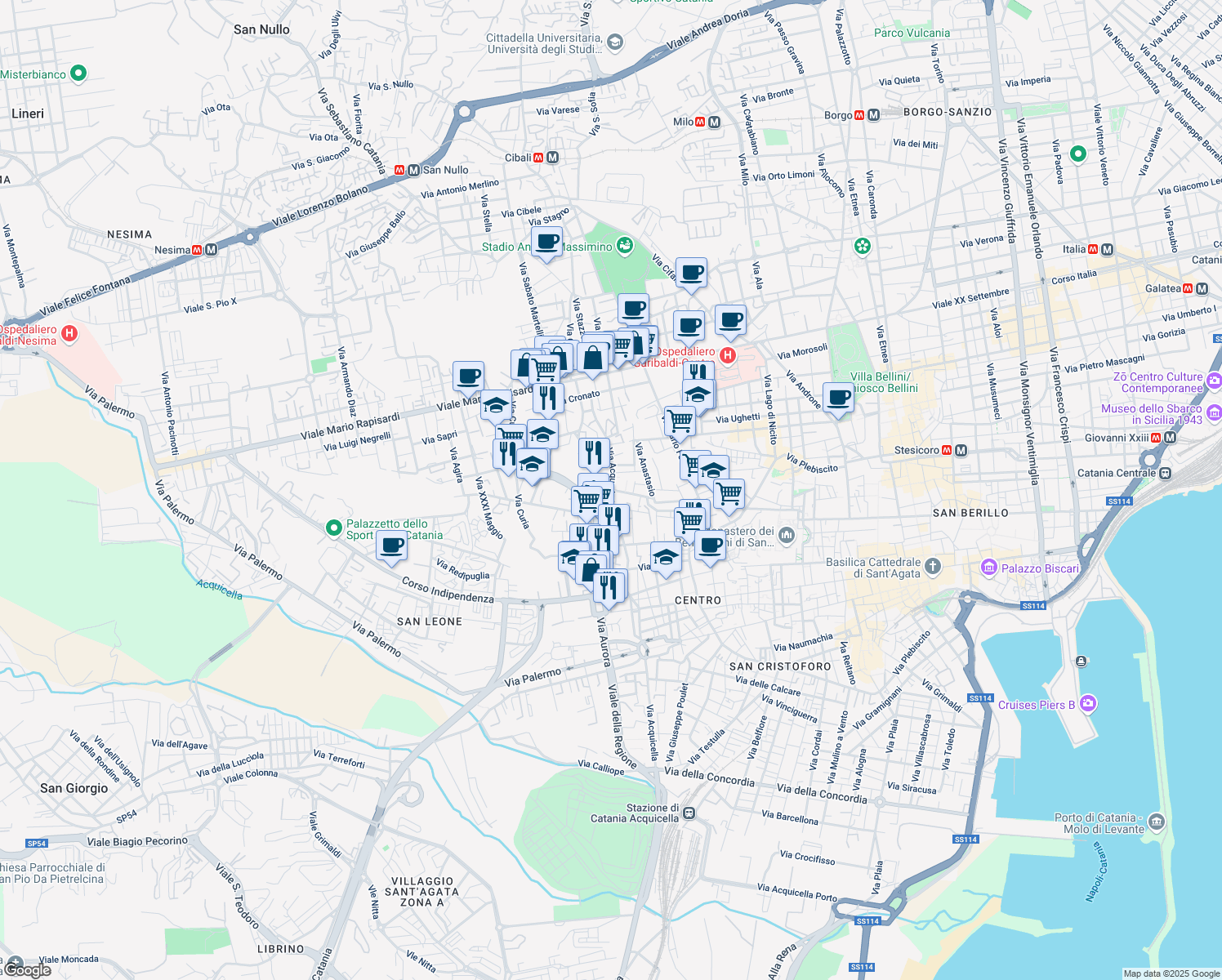 map of restaurants, bars, coffee shops, grocery stores, and more near Piazza Vittime del Dovere in Catania
