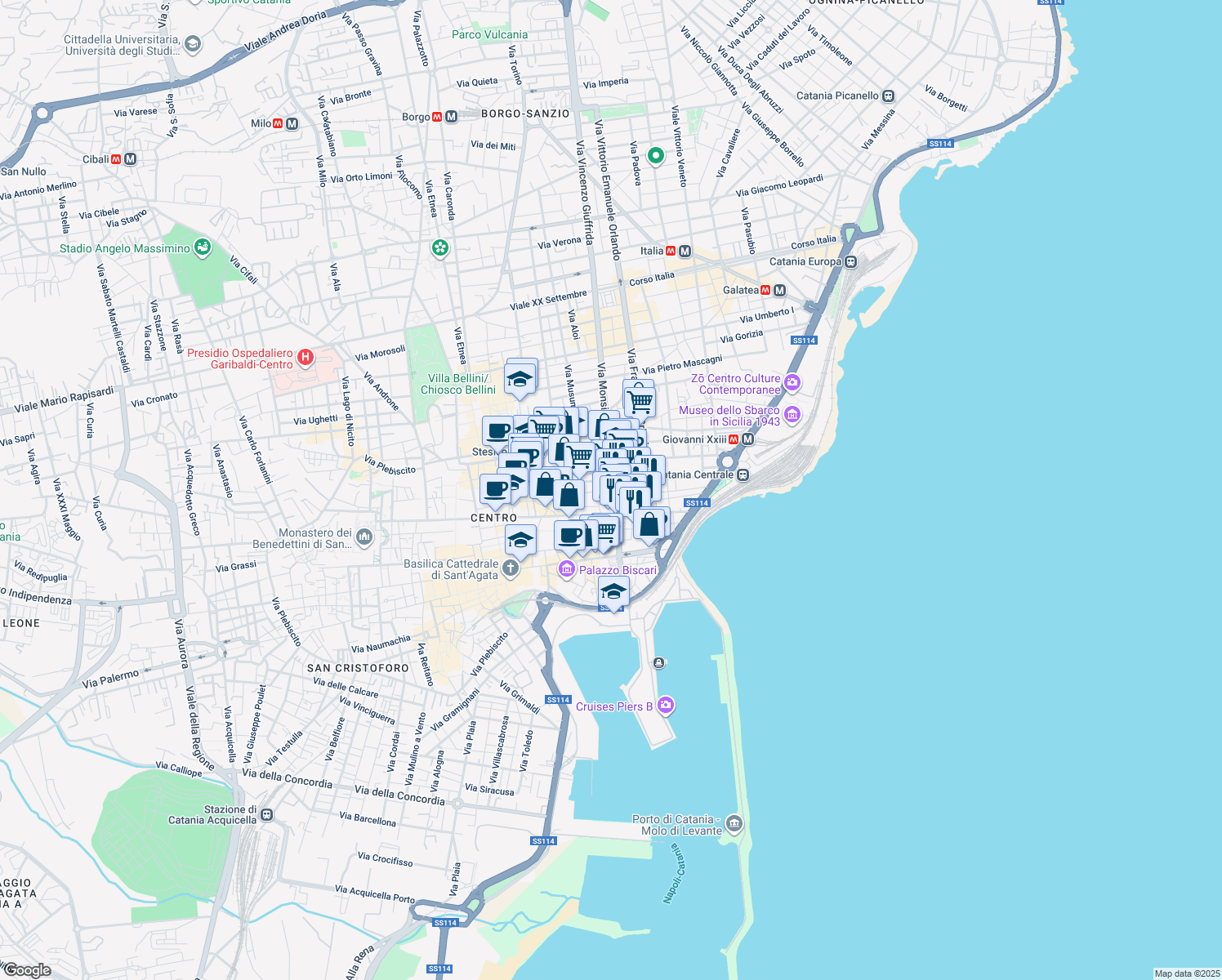 map of restaurants, bars, coffee shops, grocery stores, and more near 5 Via Pistone in Catania