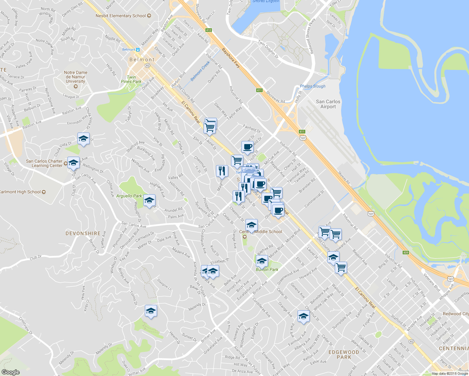 map of restaurants, bars, coffee shops, grocery stores, and more near 552 Walnut Street in San Carlos