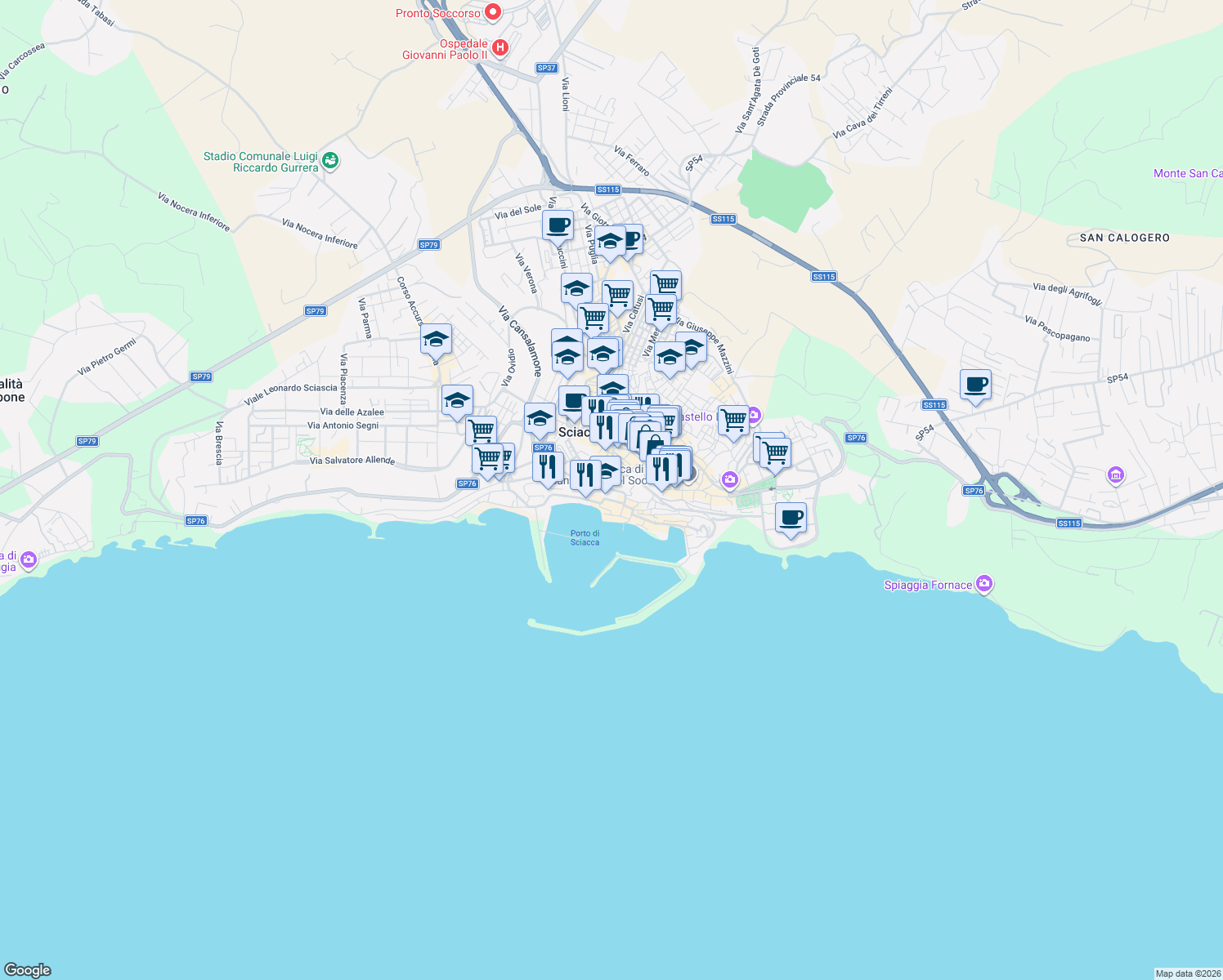 map of restaurants, bars, coffee shops, grocery stores, and more near Vicolo Spiaggia in Sciacca