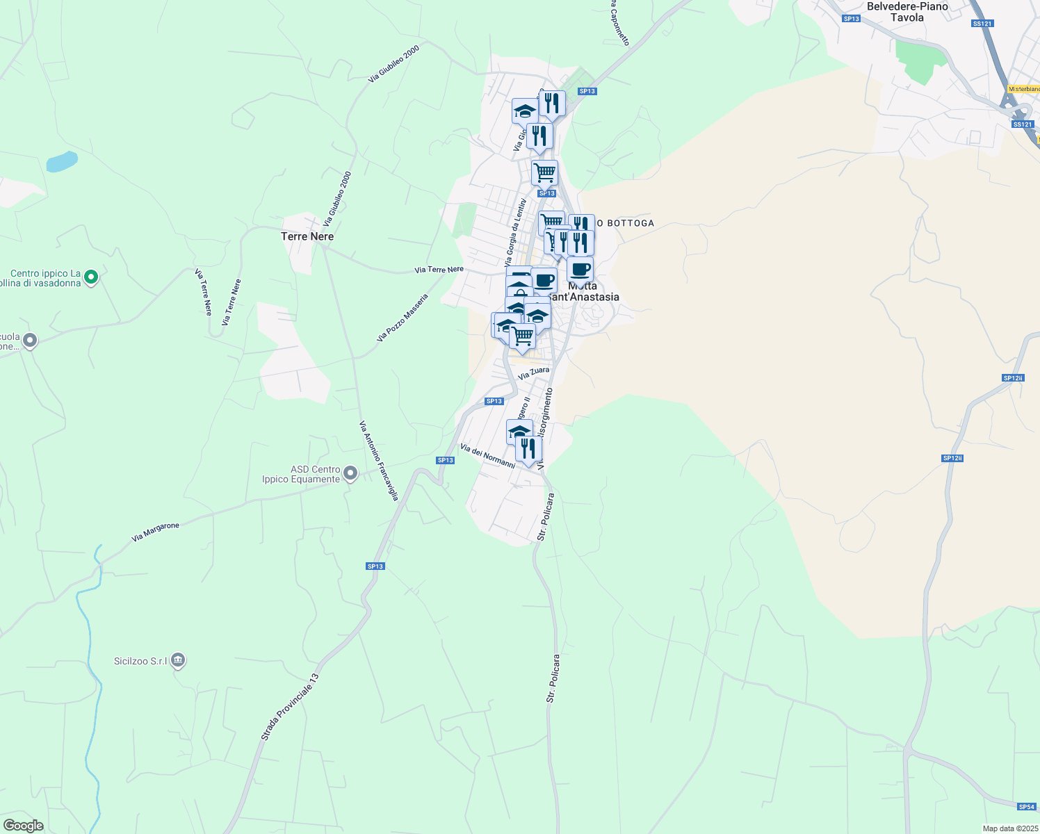 map of restaurants, bars, coffee shops, grocery stores, and more near Via Ruggero II in Motta Sant'Anastasia