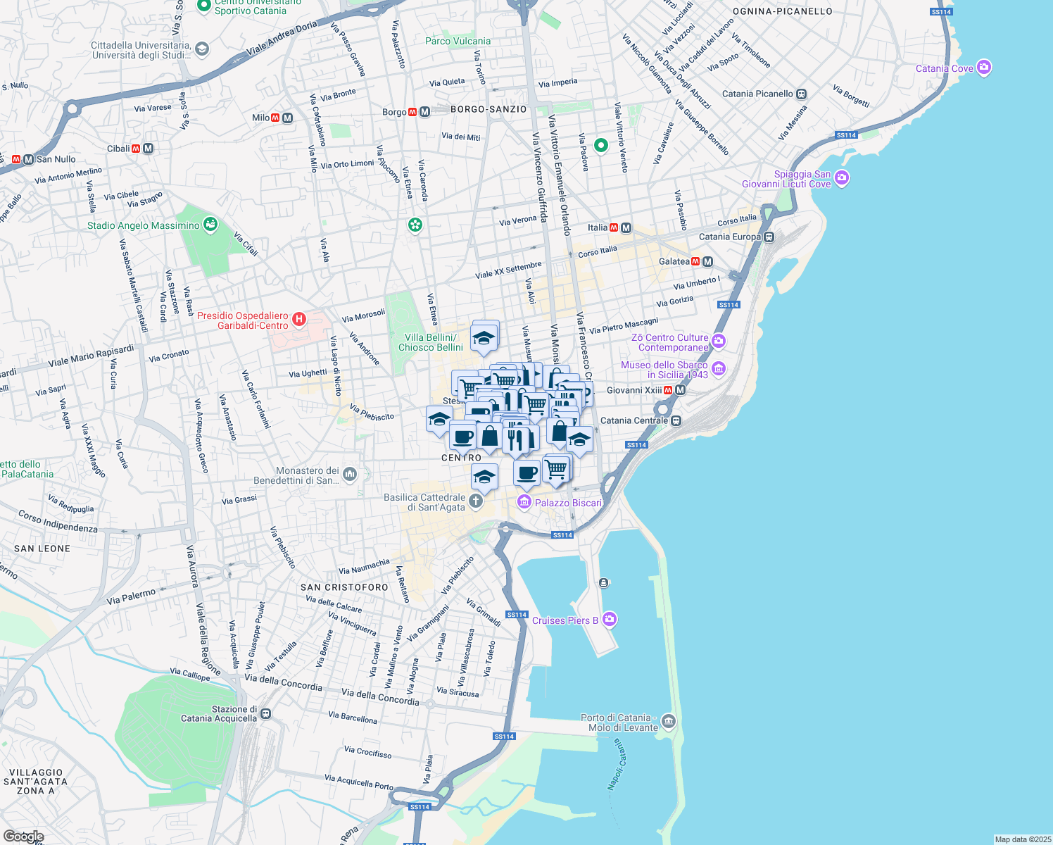 map of restaurants, bars, coffee shops, grocery stores, and more near 62 Via Don Luigi Sturzo in Catania