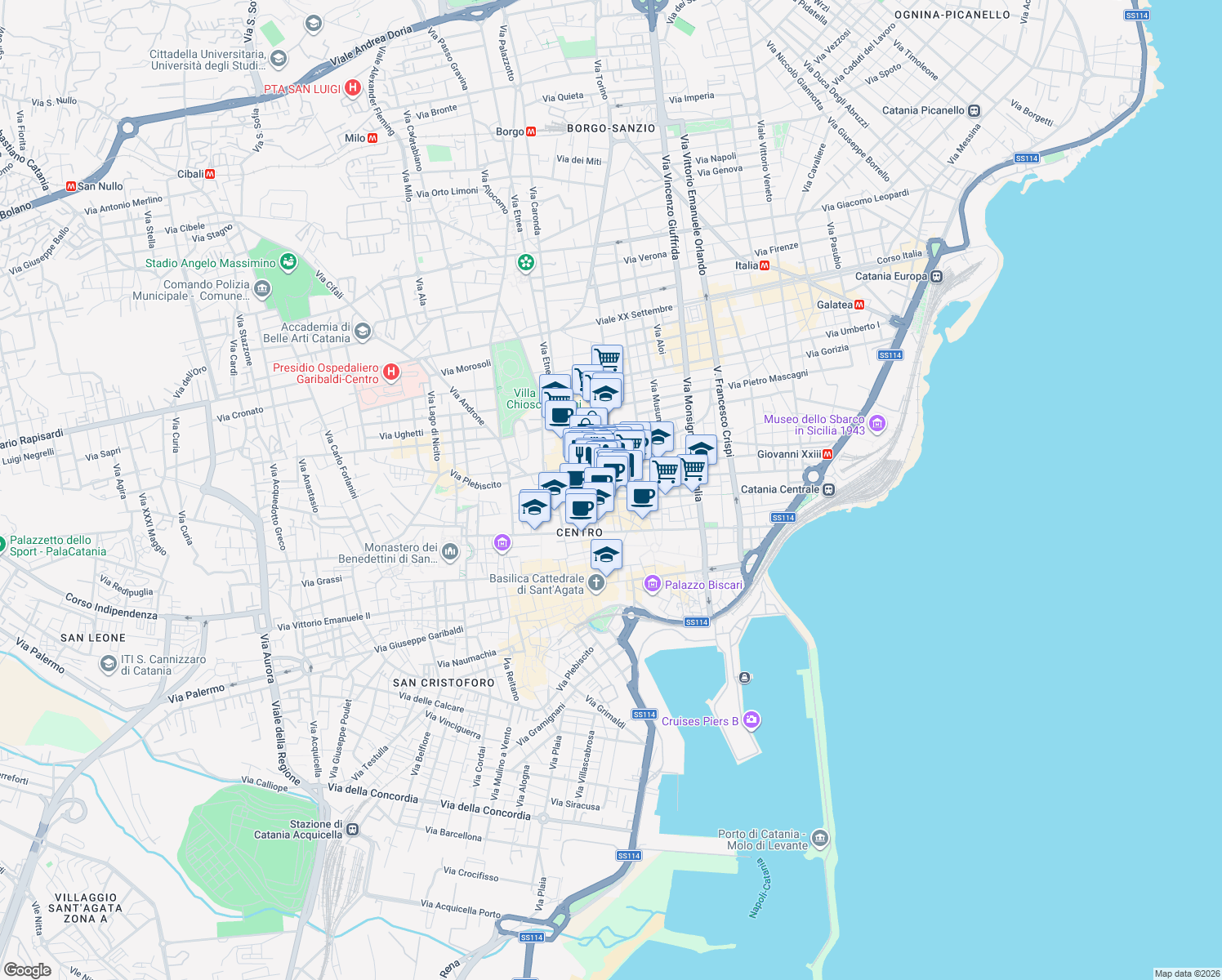 map of restaurants, bars, coffee shops, grocery stores, and more near 57 Corso Sicilia in Catania