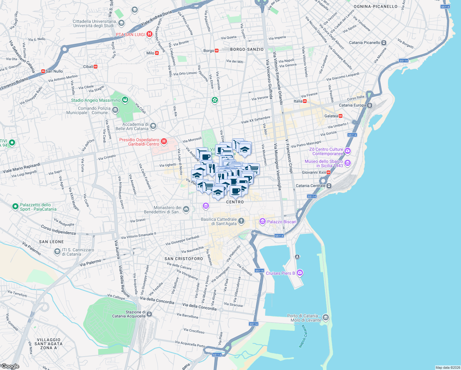 map of restaurants, bars, coffee shops, grocery stores, and more near 107 Via Etnea in Catania