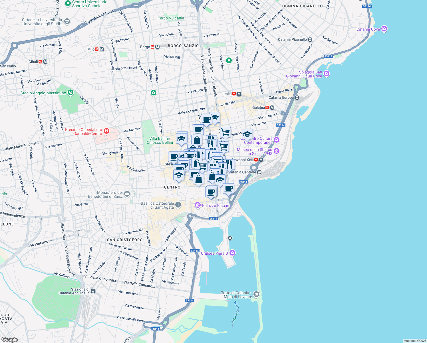 map of restaurants, bars, coffee shops, grocery stores, and more near 28 Corso Martiri della Libertà in Catania
