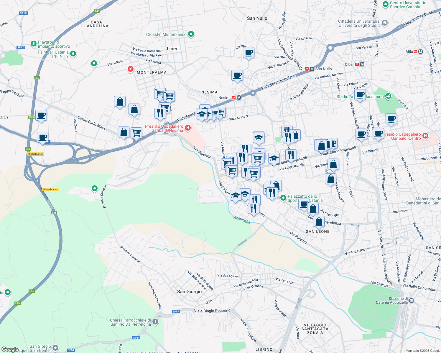 map of restaurants, bars, coffee shops, grocery stores, and more near 1948 Piazza Guglielmo Marconi in Catania