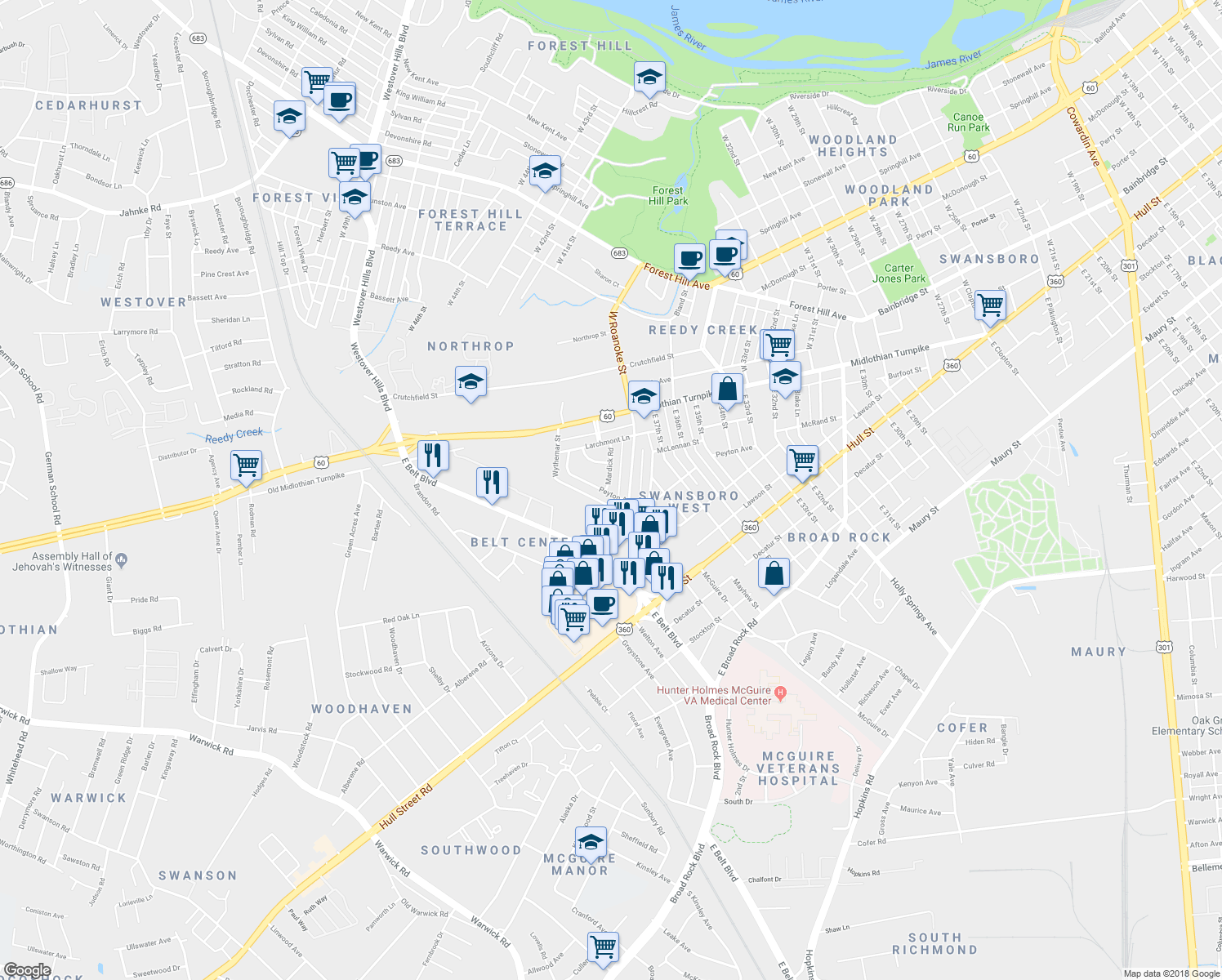 map of restaurants, bars, coffee shops, grocery stores, and more near 215 Mardick Road in Richmond