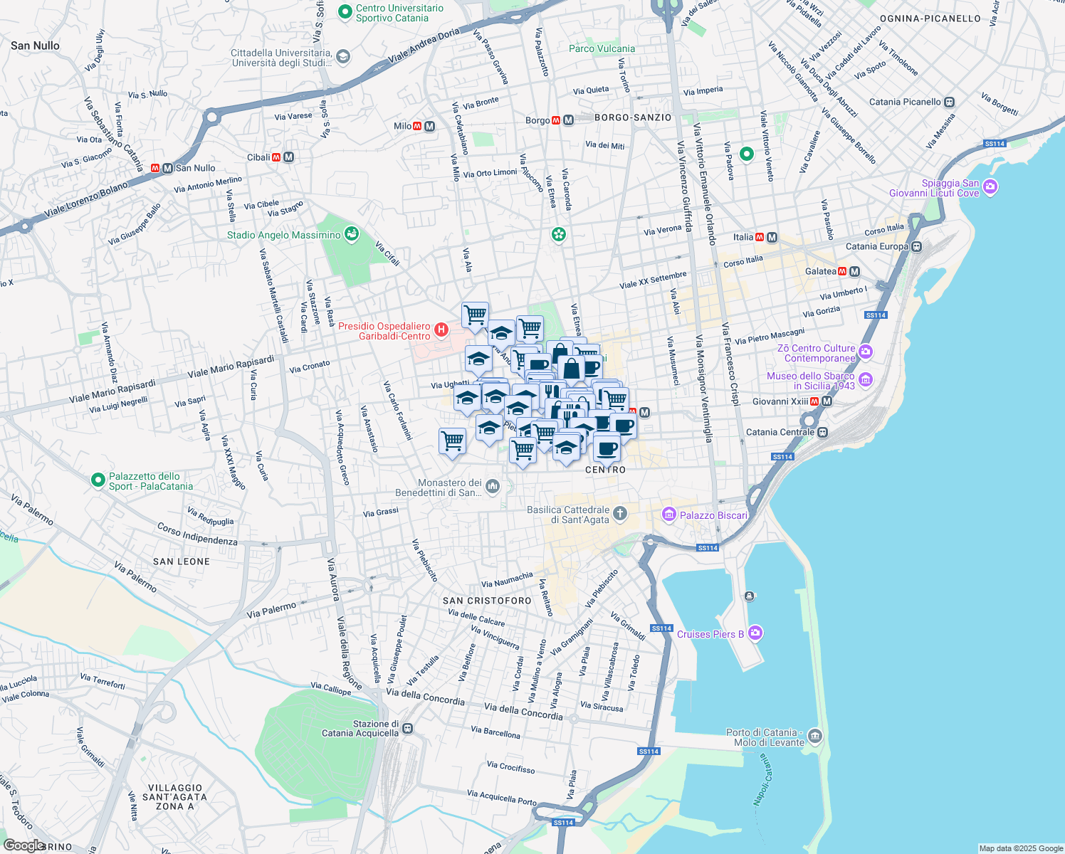 map of restaurants, bars, coffee shops, grocery stores, and more near in Catania