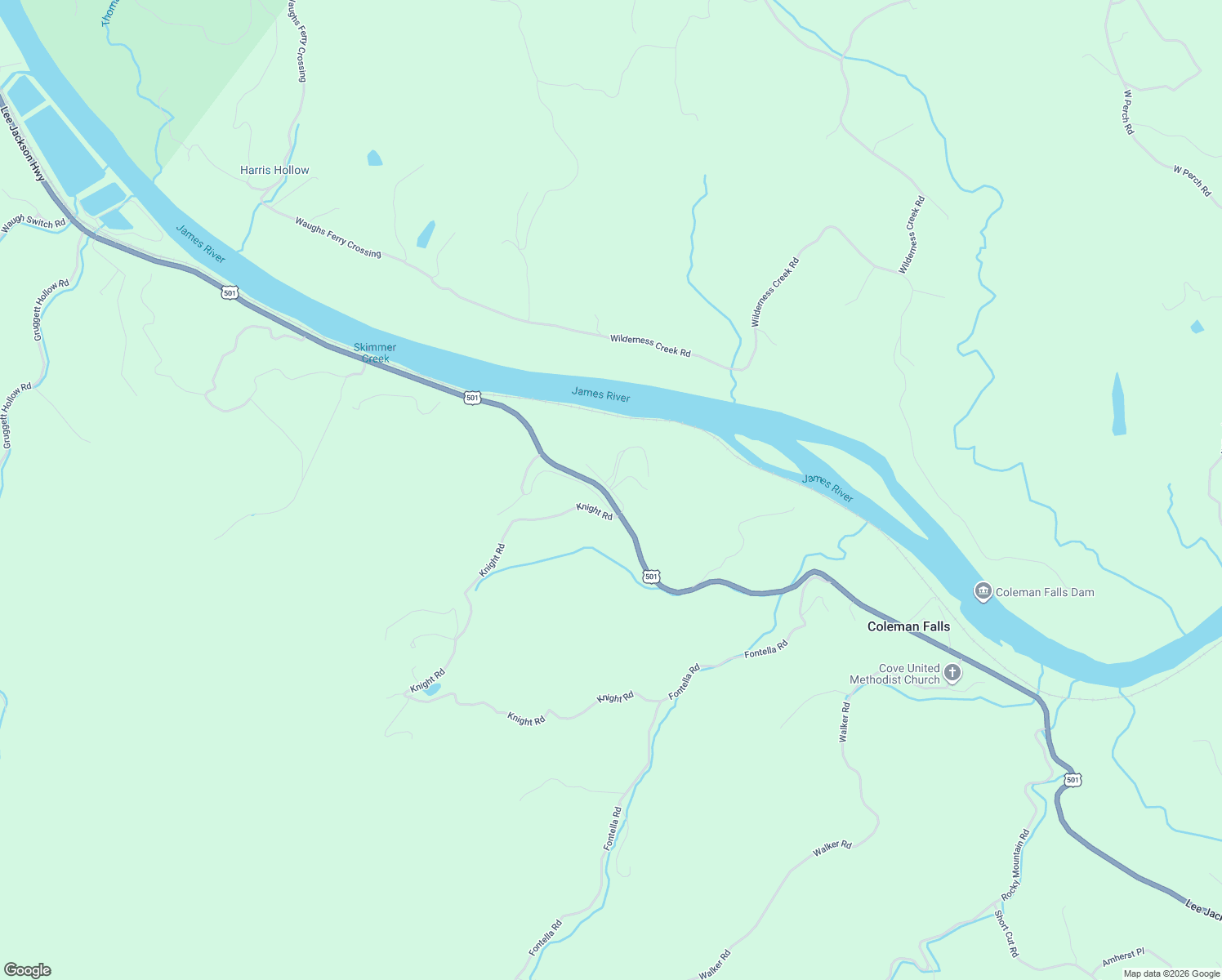 map of restaurants, bars, coffee shops, grocery stores, and more near 1001 Jack Rabbit Lane in Coleman Falls