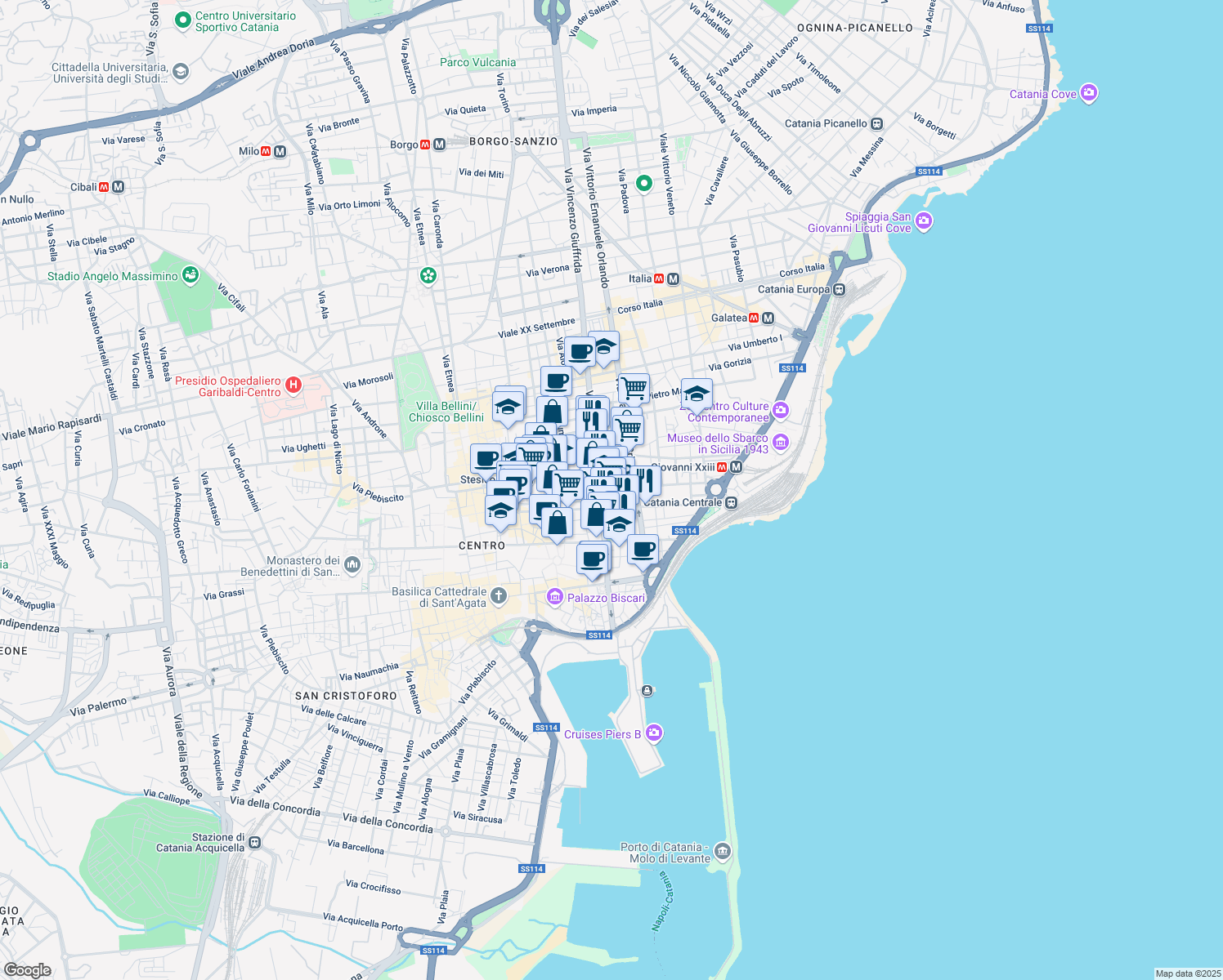 map of restaurants, bars, coffee shops, grocery stores, and more near 28 Corso Martiri della Libertà in Catania