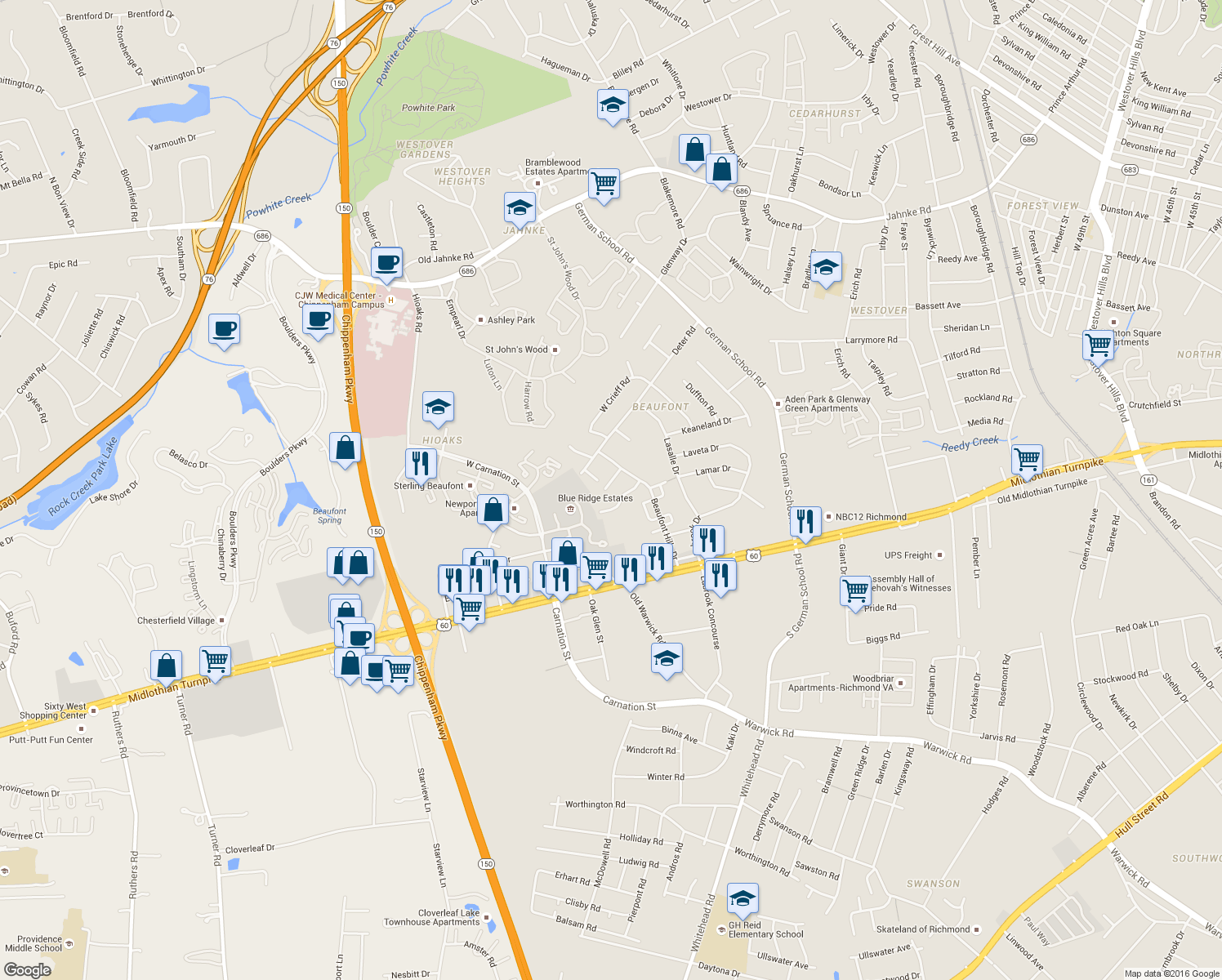 map of restaurants, bars, coffee shops, grocery stores, and more near 6213 Beaufont Hills Court in Richmond