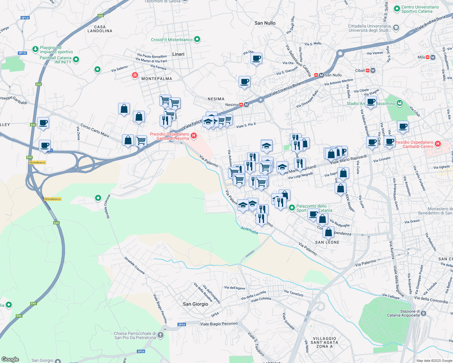 map of restaurants, bars, coffee shops, grocery stores, and more near 1948 Piazza Guglielmo Marconi in Catania