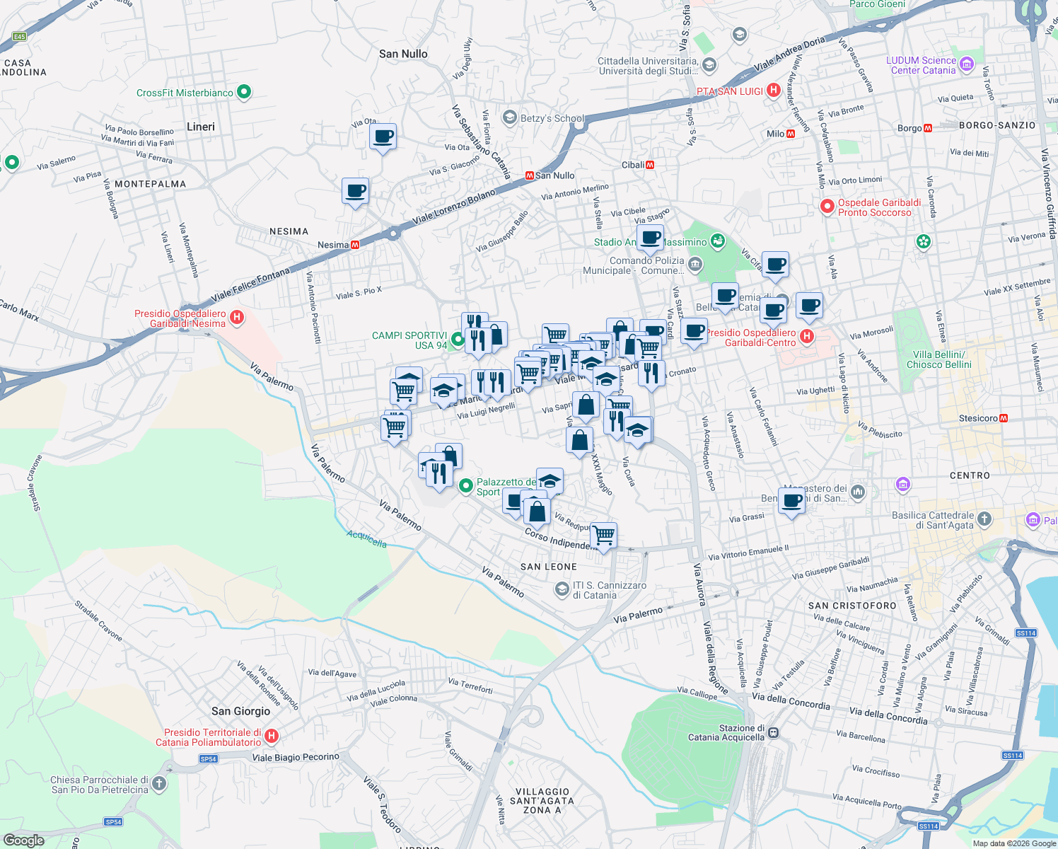 map of restaurants, bars, coffee shops, grocery stores, and more near 5 Via Enrico Toti in Catania