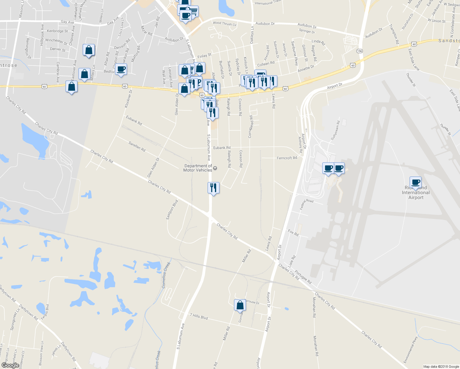 map of restaurants, bars, coffee shops, grocery stores, and more near 5512 Coxson Road in Richmond