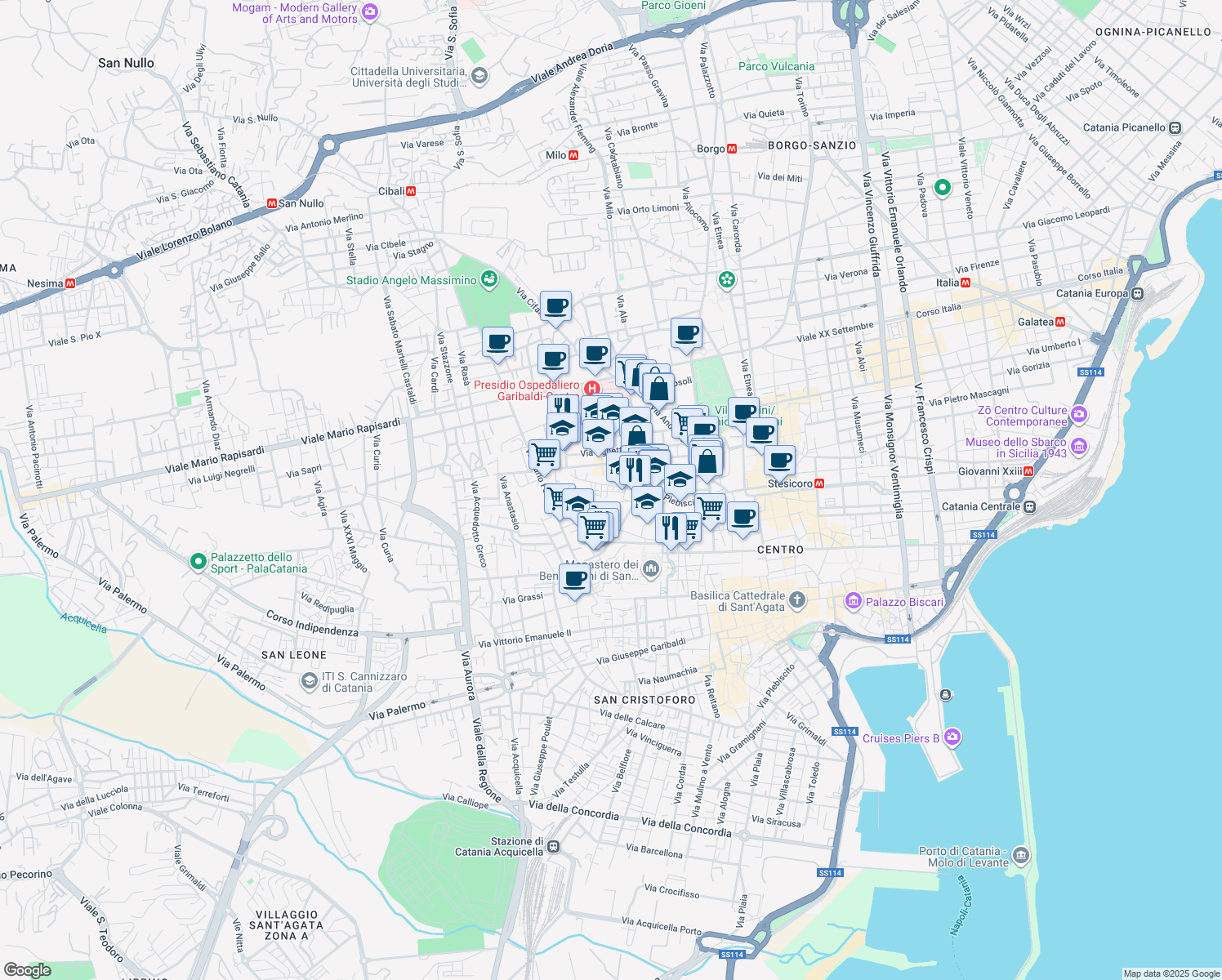 map of restaurants, bars, coffee shops, grocery stores, and more near 18 Via Petriera in Catania