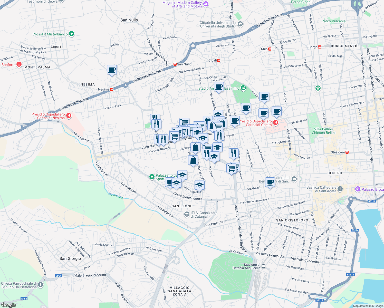 map of restaurants, bars, coffee shops, grocery stores, and more near 4-8 Via Pietro Maroncelli in Catania