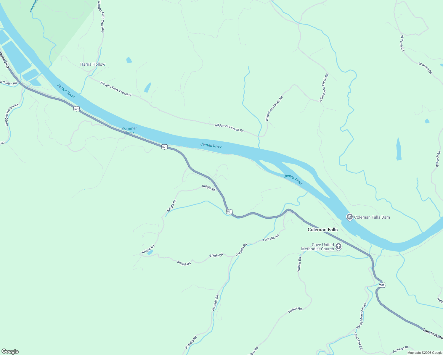 map of restaurants, bars, coffee shops, grocery stores, and more near 1001-1199 Jack Rabbit Lane in Coleman Falls