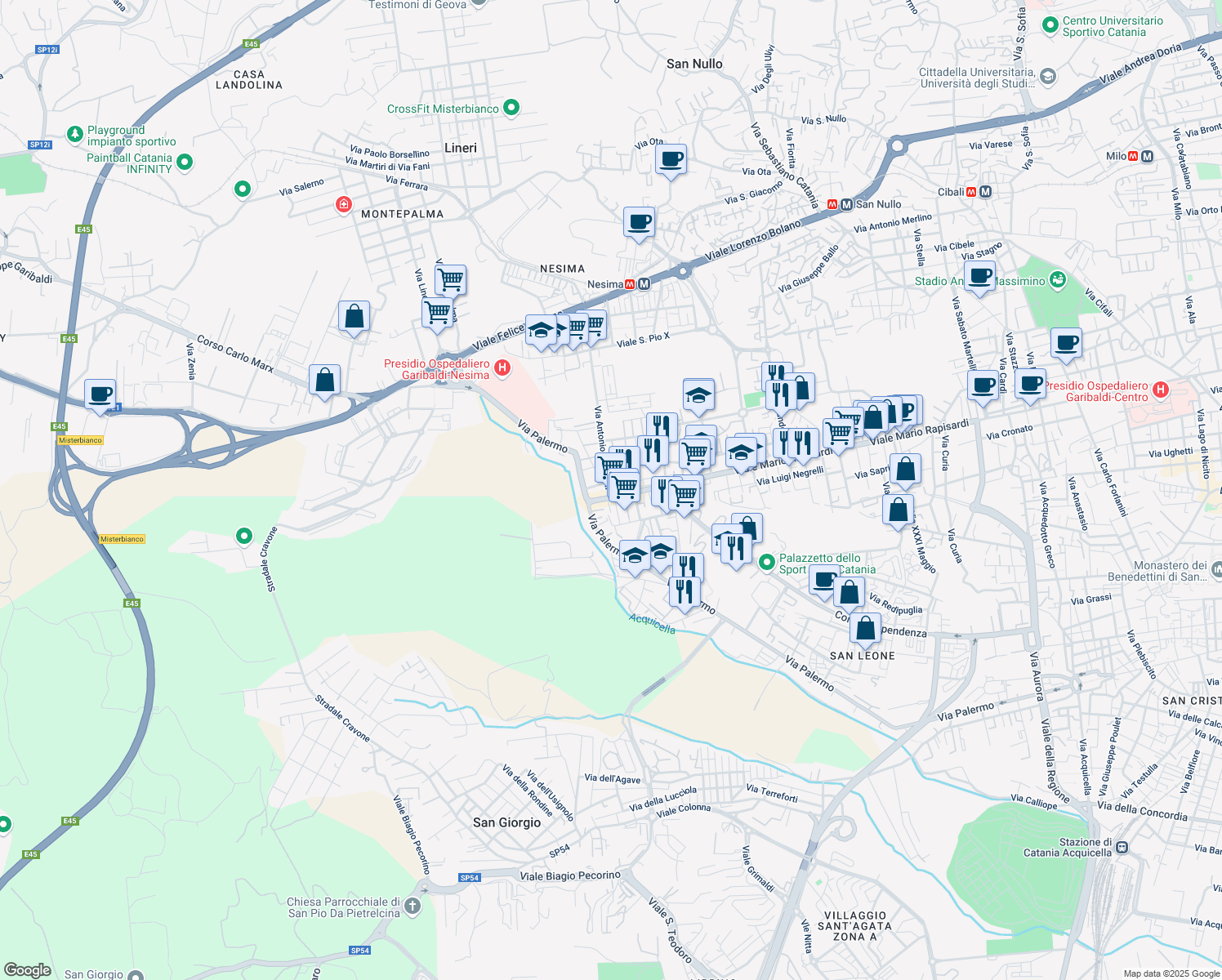 map of restaurants, bars, coffee shops, grocery stores, and more near 6 Via Antonio Pacinotti in Catania