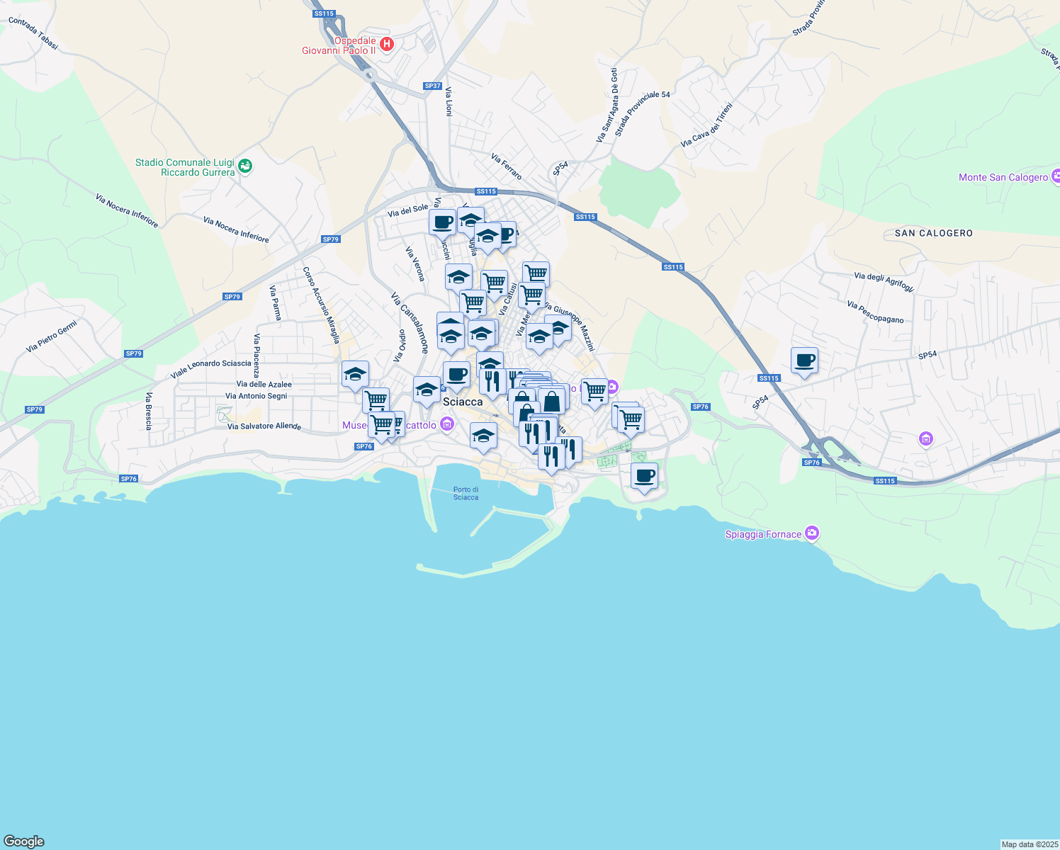 map of restaurants, bars, coffee shops, grocery stores, and more near 9 Piazza Giacomo Matteotti in Sciacca