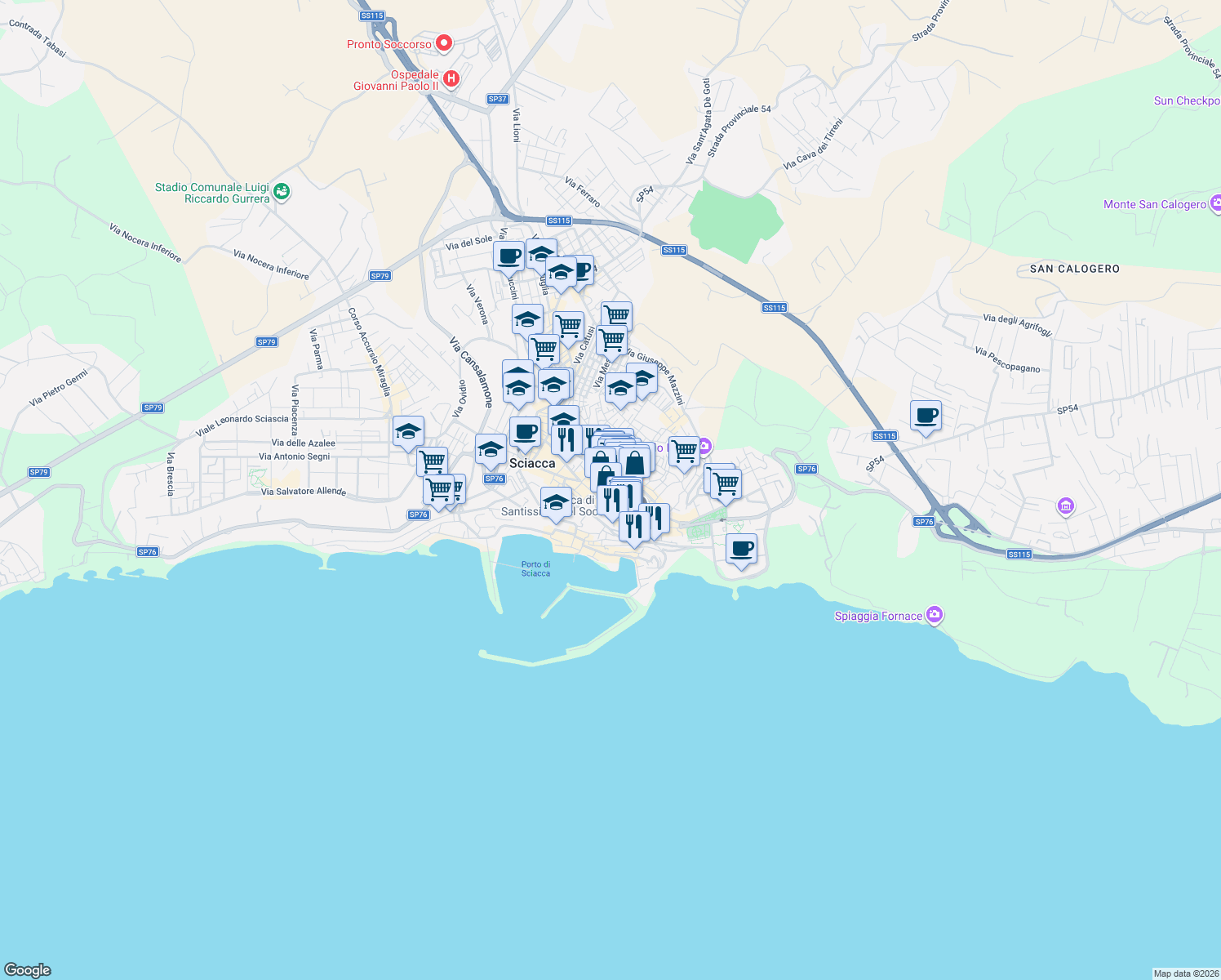 map of restaurants, bars, coffee shops, grocery stores, and more near 9 Piazza Giacomo Matteotti in Sciacca