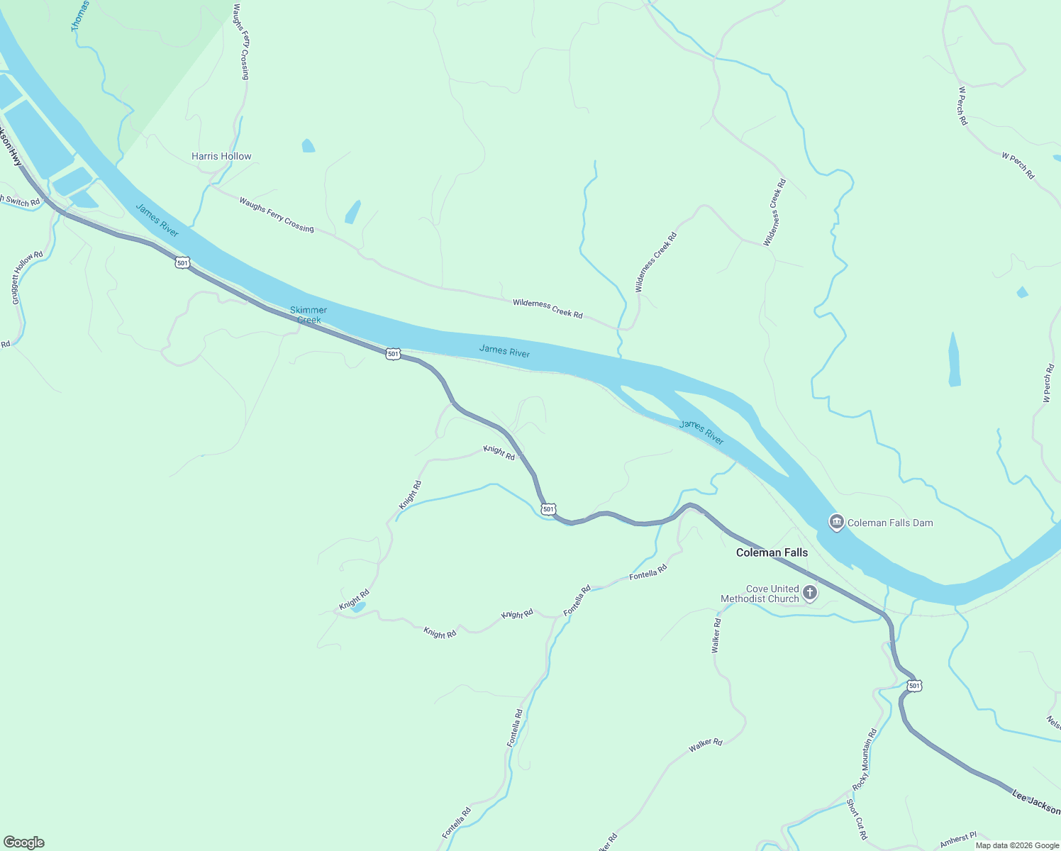map of restaurants, bars, coffee shops, grocery stores, and more near 1001-1199 Jack Rabbit Lane in Coleman Falls