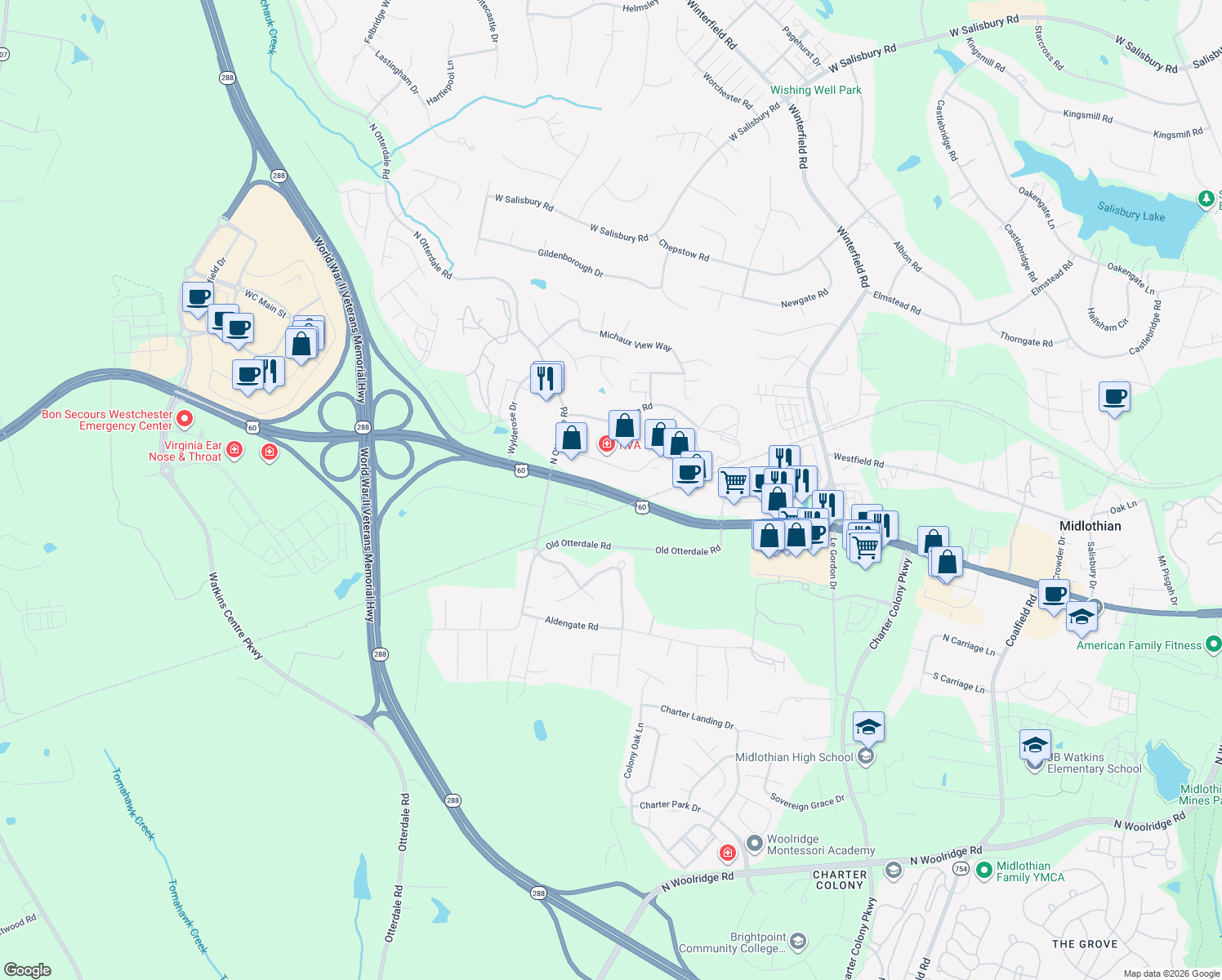 map of restaurants, bars, coffee shops, grocery stores, and more near Midlothian Turnpike in Midlothian